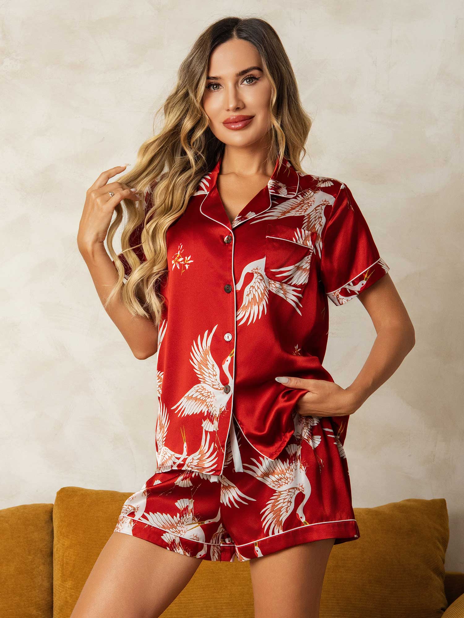 19Momme Pure Silk Crane Print Short Sleeve Notch Collar Women's Pajamas Set - Image 16