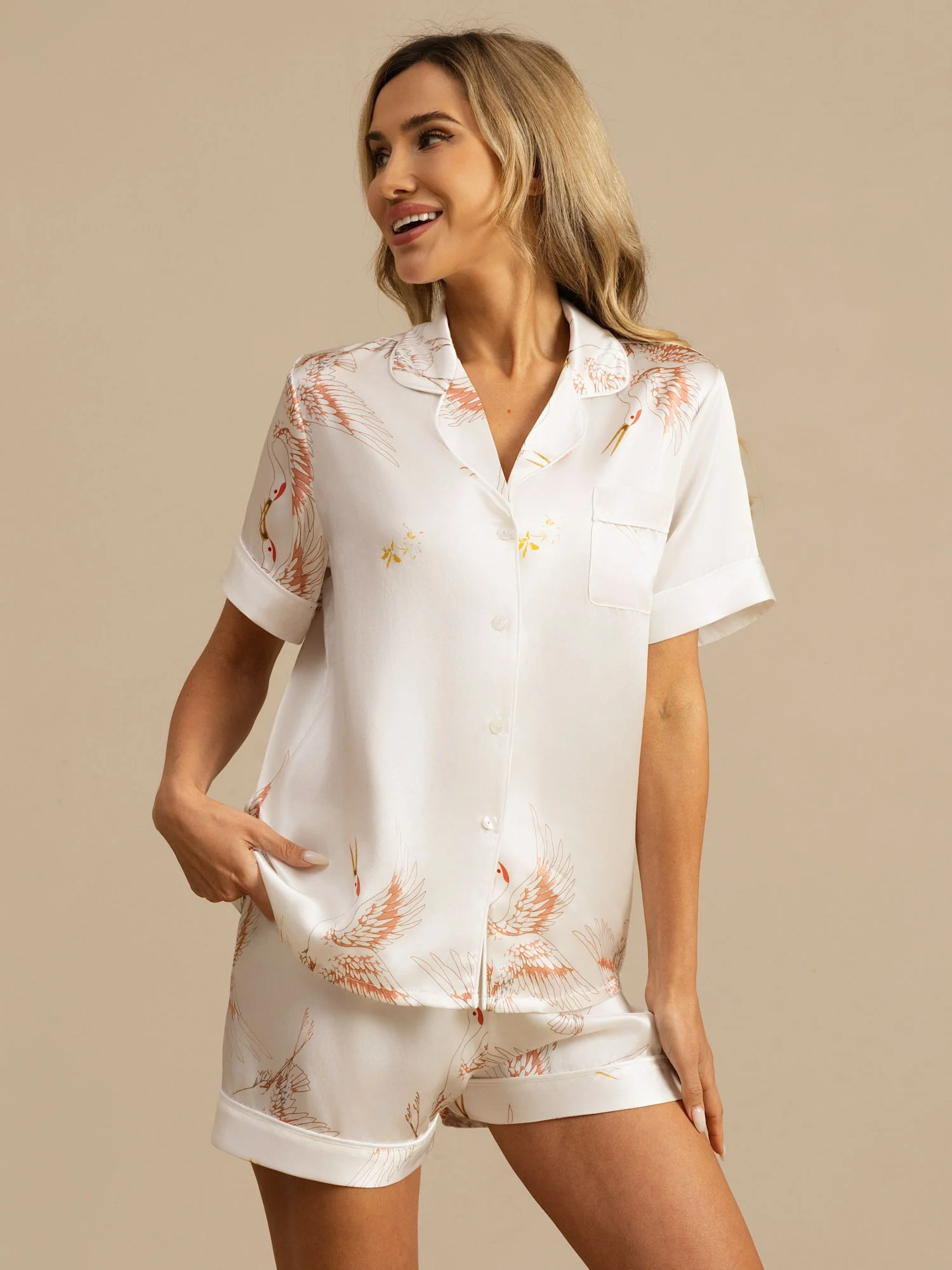 19Momme Pure Silk Crane Print Short Sleeve Notch Collar Women's Pajamas Set - Image 29