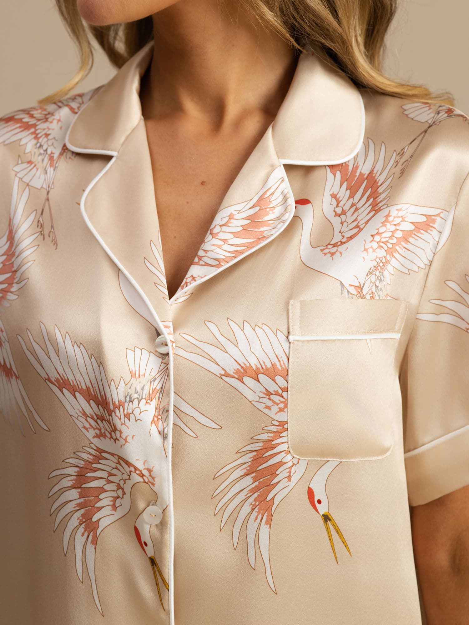 19Momme Pure Silk Crane Print Short Sleeve Notch Collar Women's Pajamas Set - Image 40