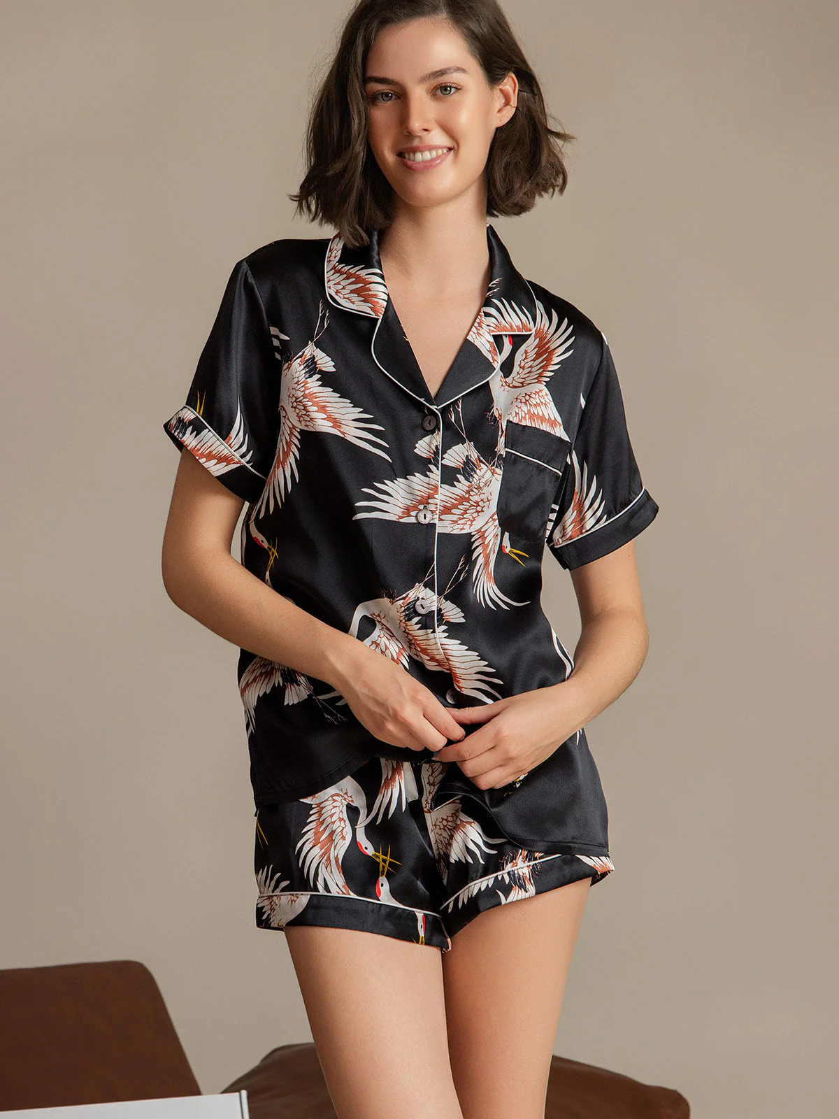 19Momme Pure Silk Crane Print Short Sleeve Notch Collar Women's Pajamas Set - Image 43