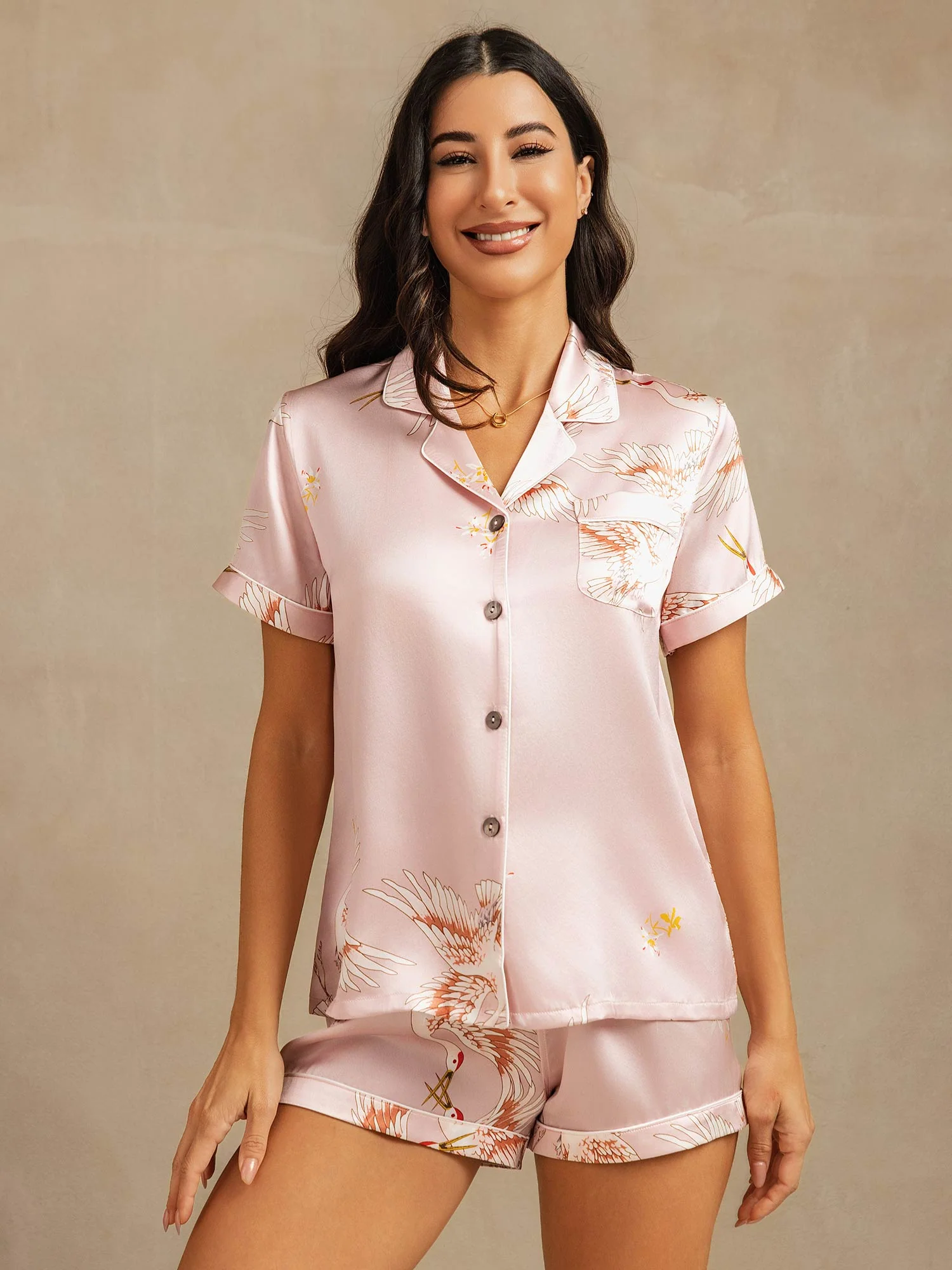 19Momme Pure Silk Crane Print Short Sleeve Notch Collar Women's Pajamas Set - Image 7