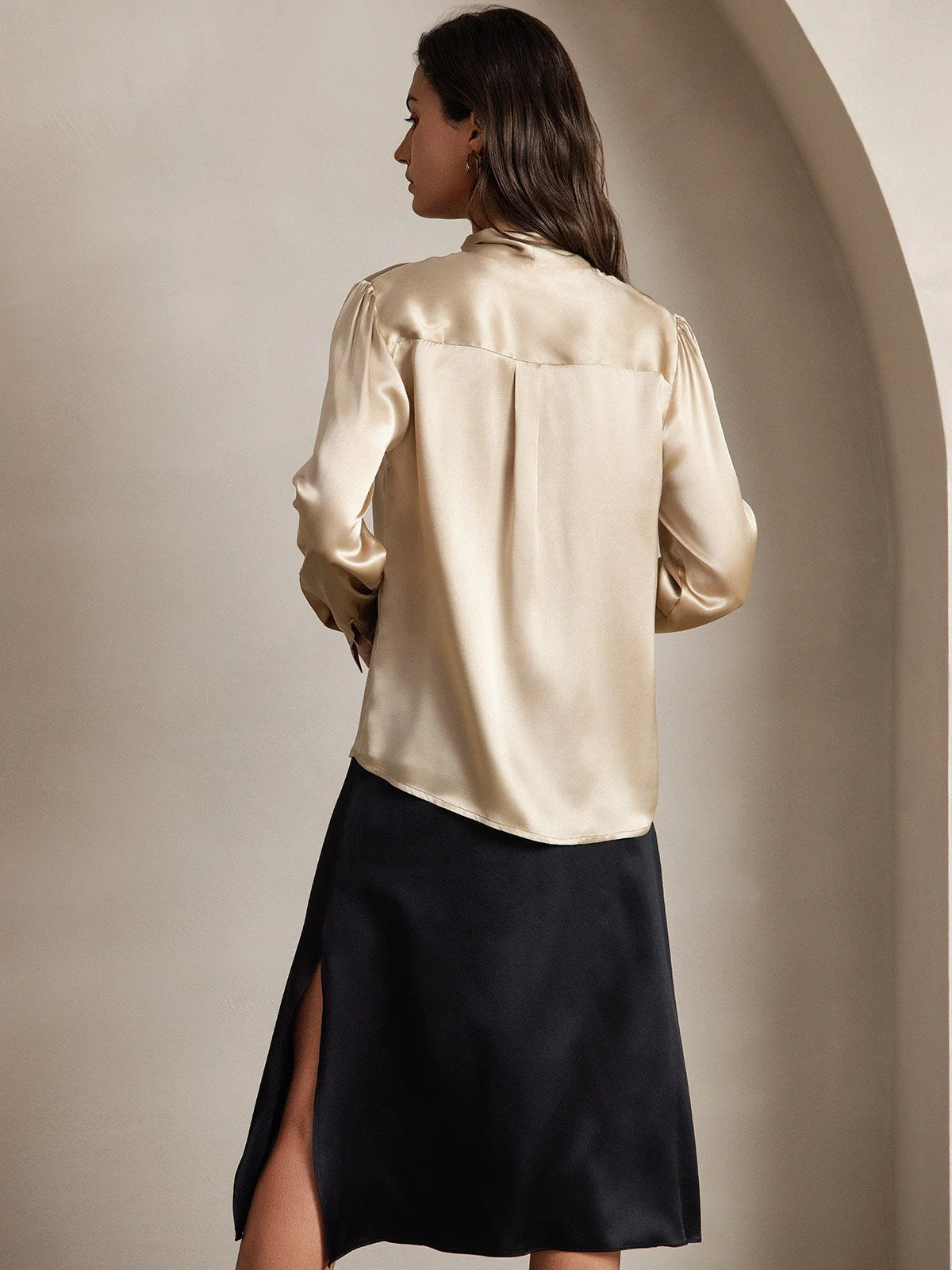 19Momme Silk Long Sleeve Tie Neck Blouse - Image 10
