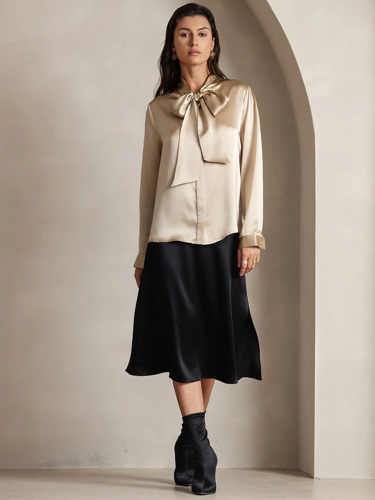 19Momme Silk Long Sleeve Tie Neck Blouse - Image 14