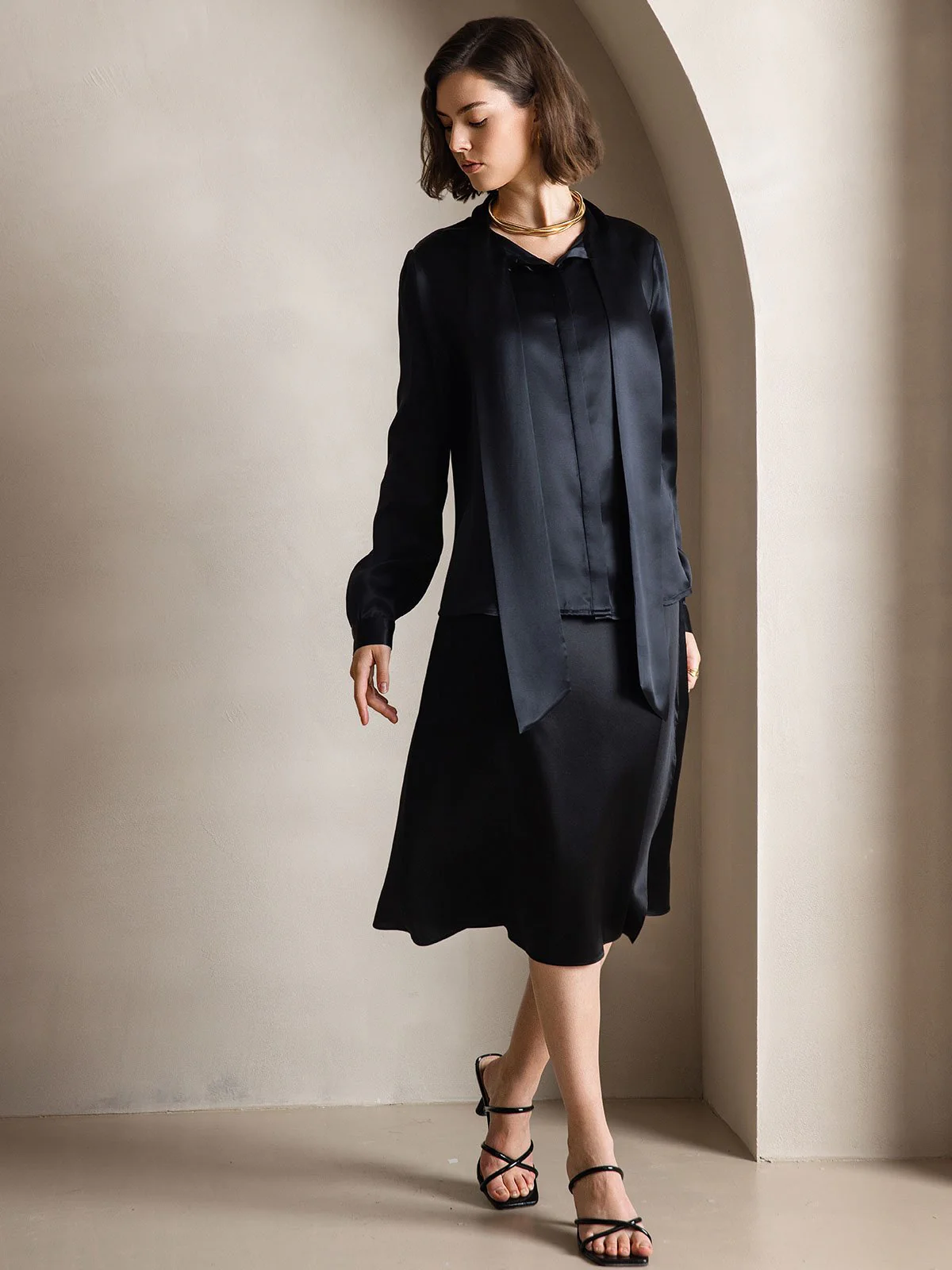 19Momme Silk Long Sleeve Tie Neck Blouse - Image 15