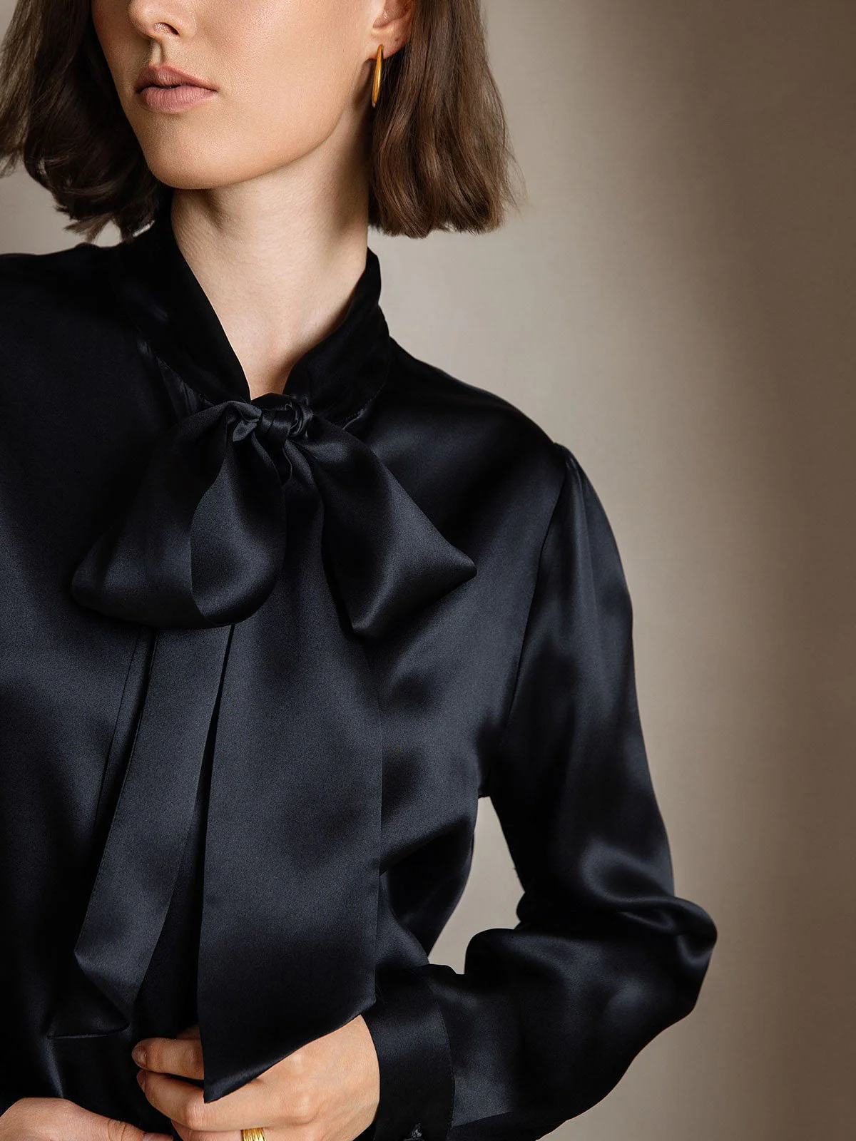 19Momme Silk Long Sleeve Tie Neck Blouse - Image 16