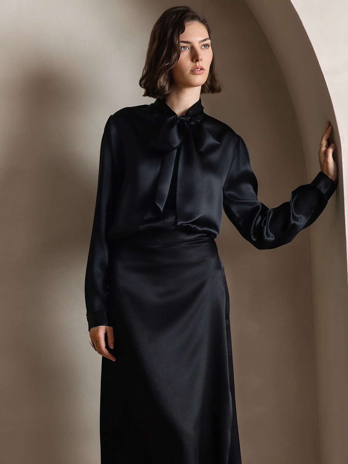 19Momme Silk Long Sleeve Tie Neck Blouse - Image 18