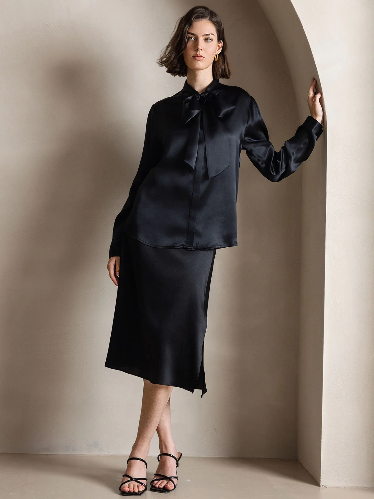 19Momme Silk Long Sleeve Tie Neck Blouse - Image 19