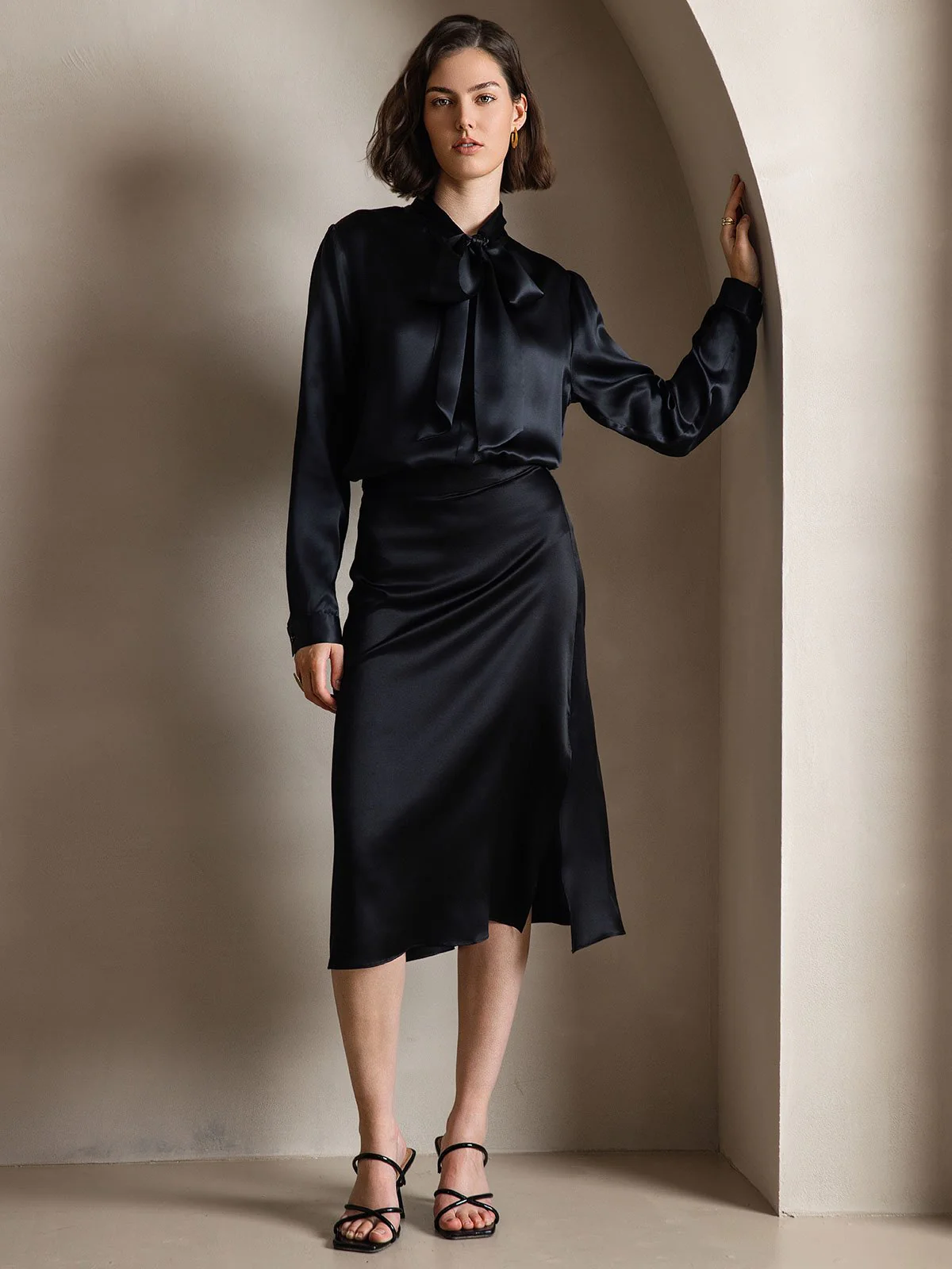19Momme Silk Long Sleeve Tie Neck Blouse - Image 20