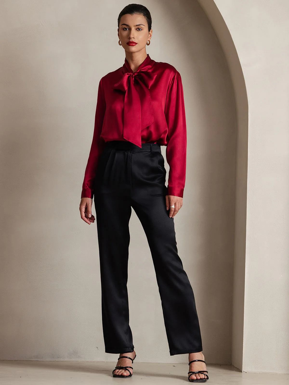 19Momme Silk Long Sleeve Tie Neck Blouse - Image 23