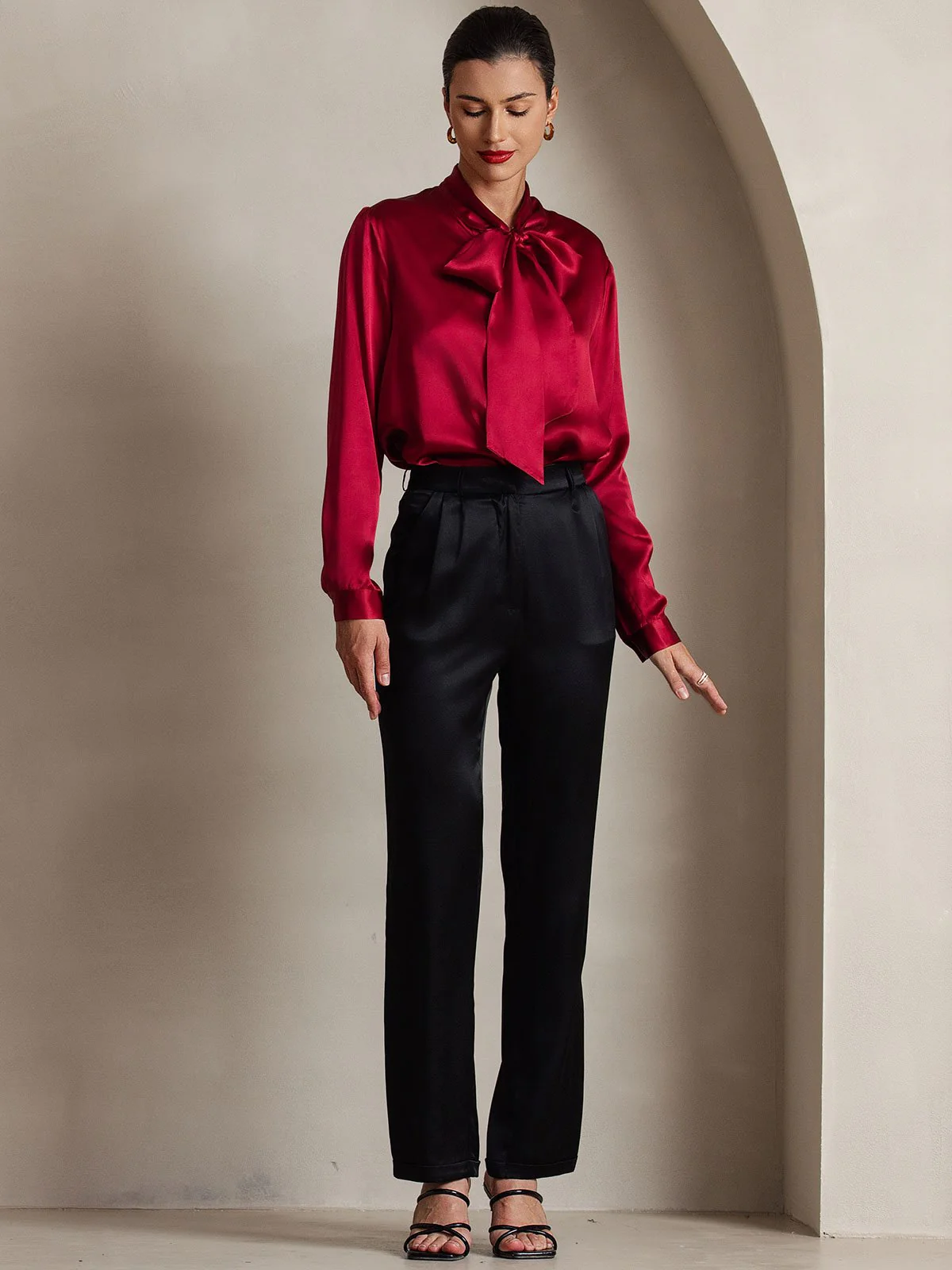 19Momme Silk Long Sleeve Tie Neck Blouse - Image 25