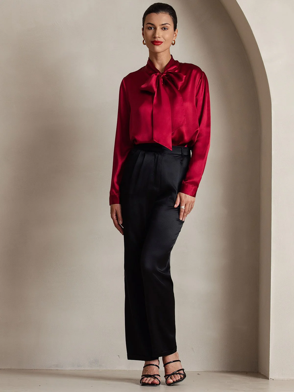 19Momme Silk Long Sleeve Tie Neck Blouse - Image 26