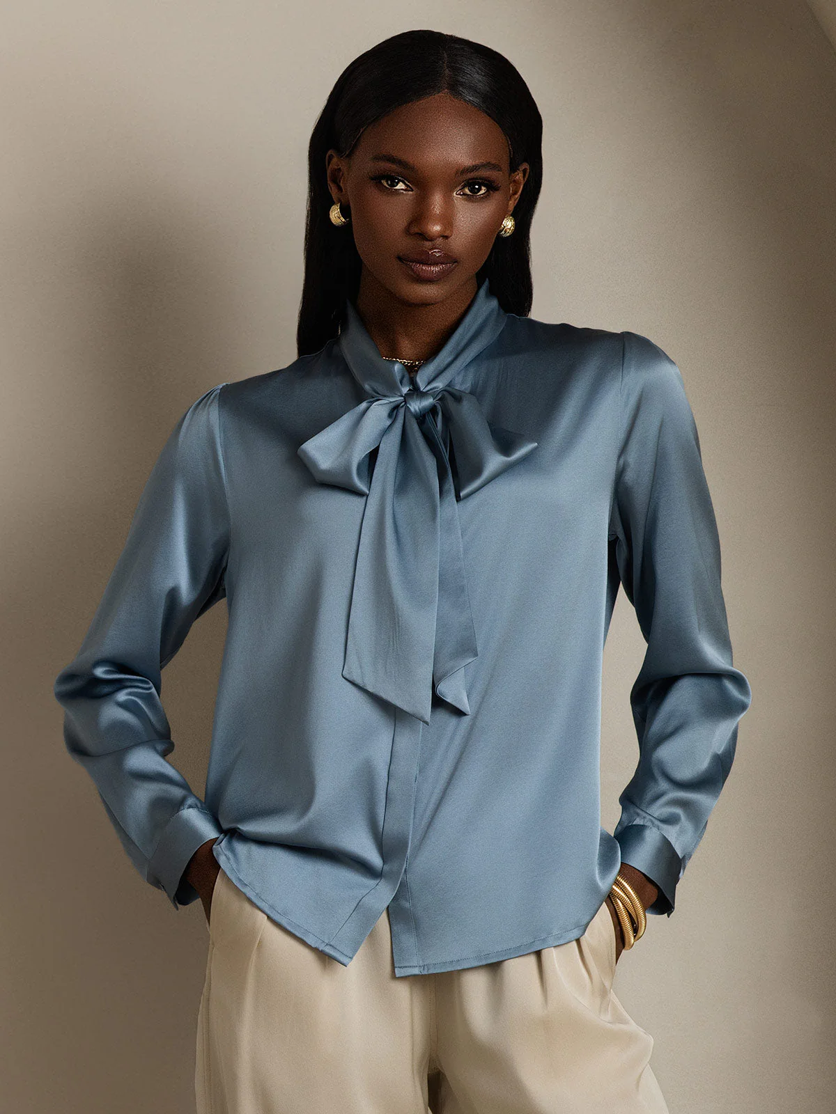 19Momme Silk Long Sleeve Tie Neck Blouse - Image 27
