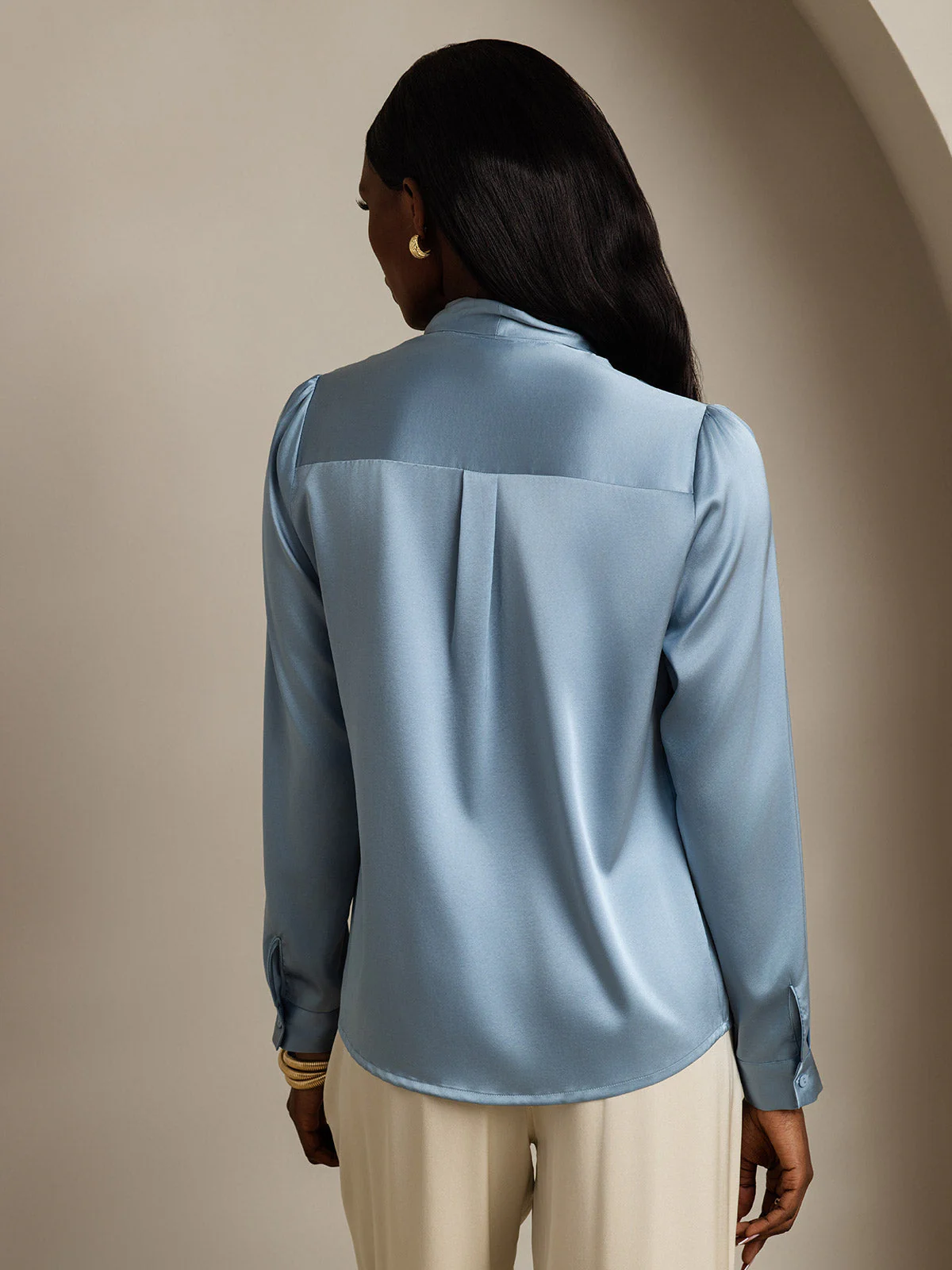 19Momme Silk Long Sleeve Tie Neck Blouse - Image 28