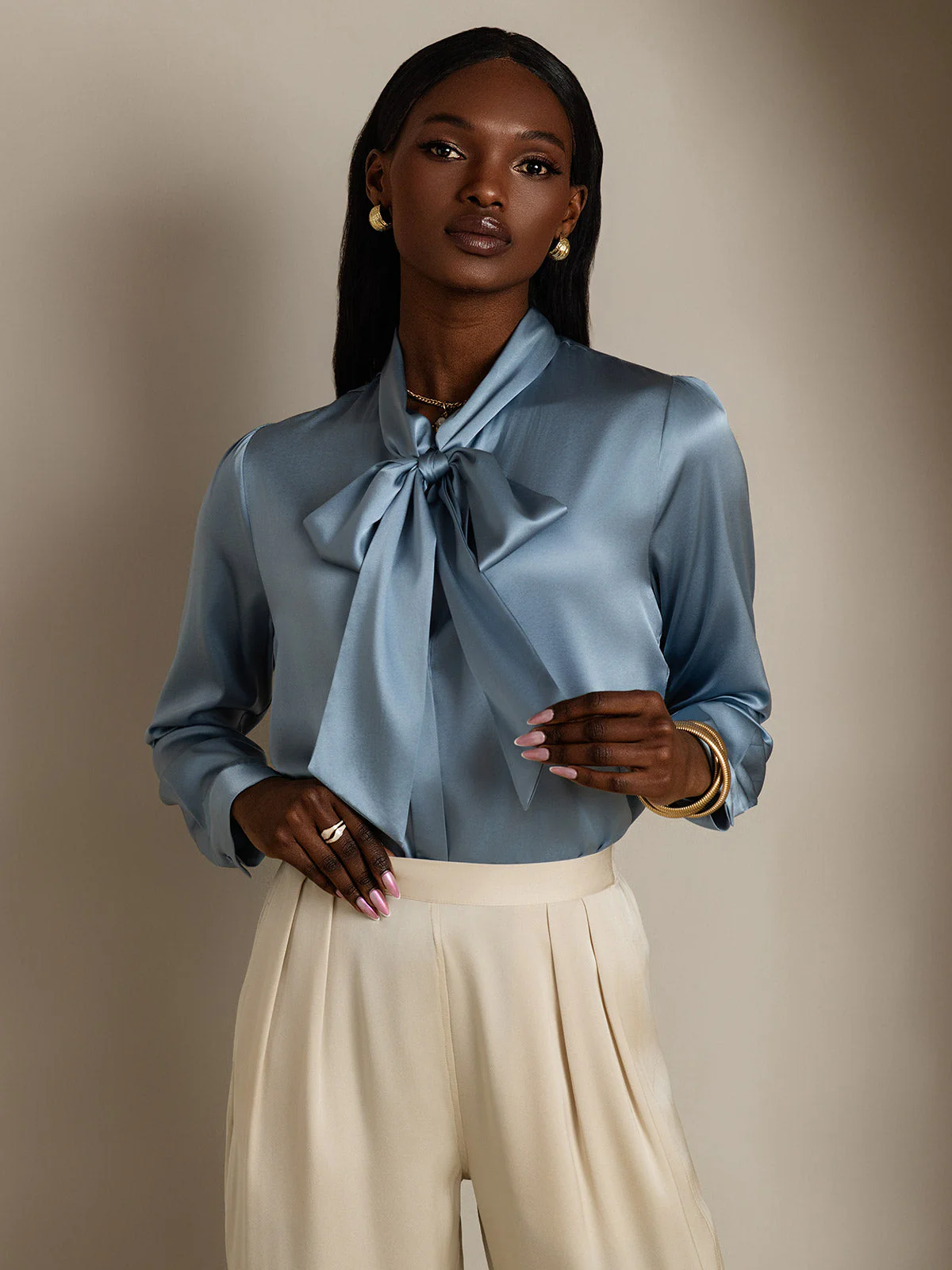 19Momme Silk Long Sleeve Tie Neck Blouse - Image 29