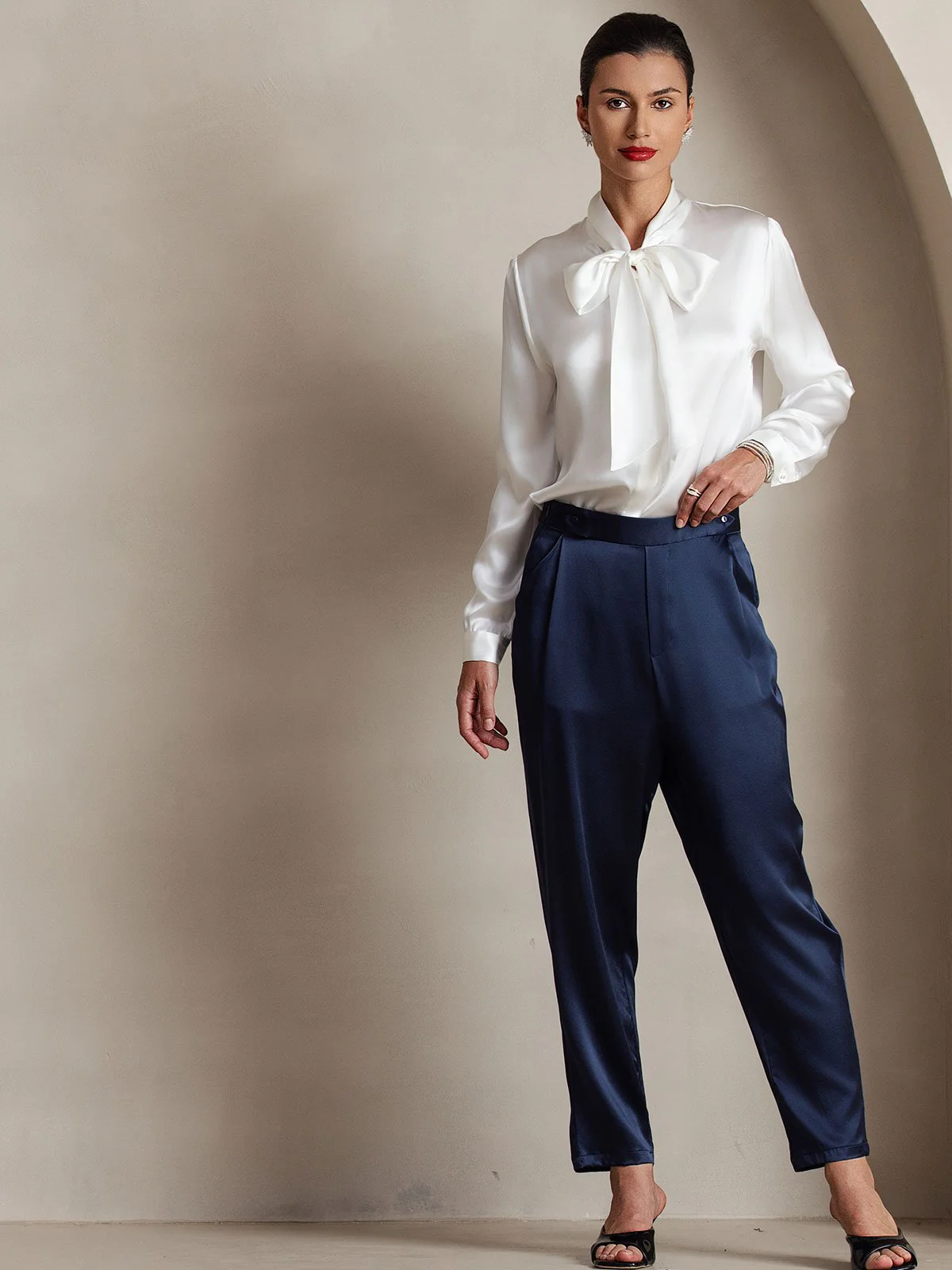 19Momme Silk Long Sleeve Tie Neck Blouse - Image 3