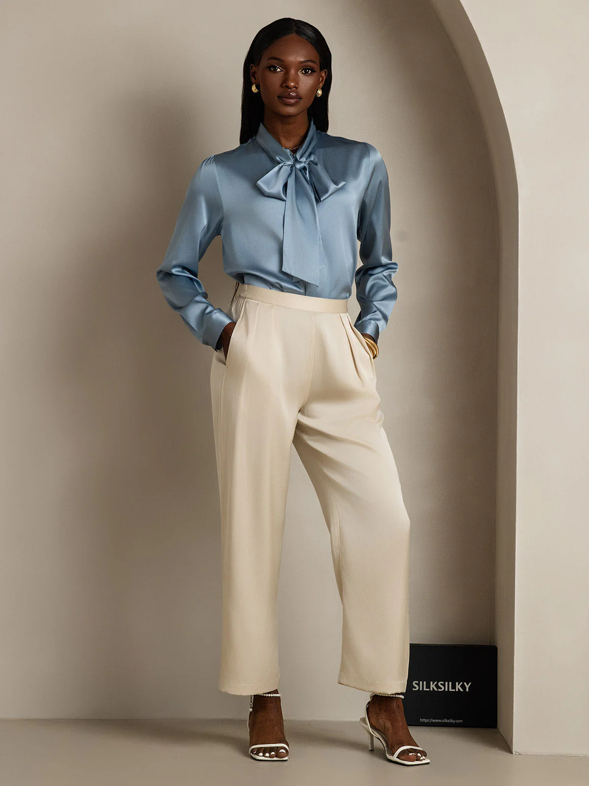 19Momme Silk Long Sleeve Tie Neck Blouse - Image 31