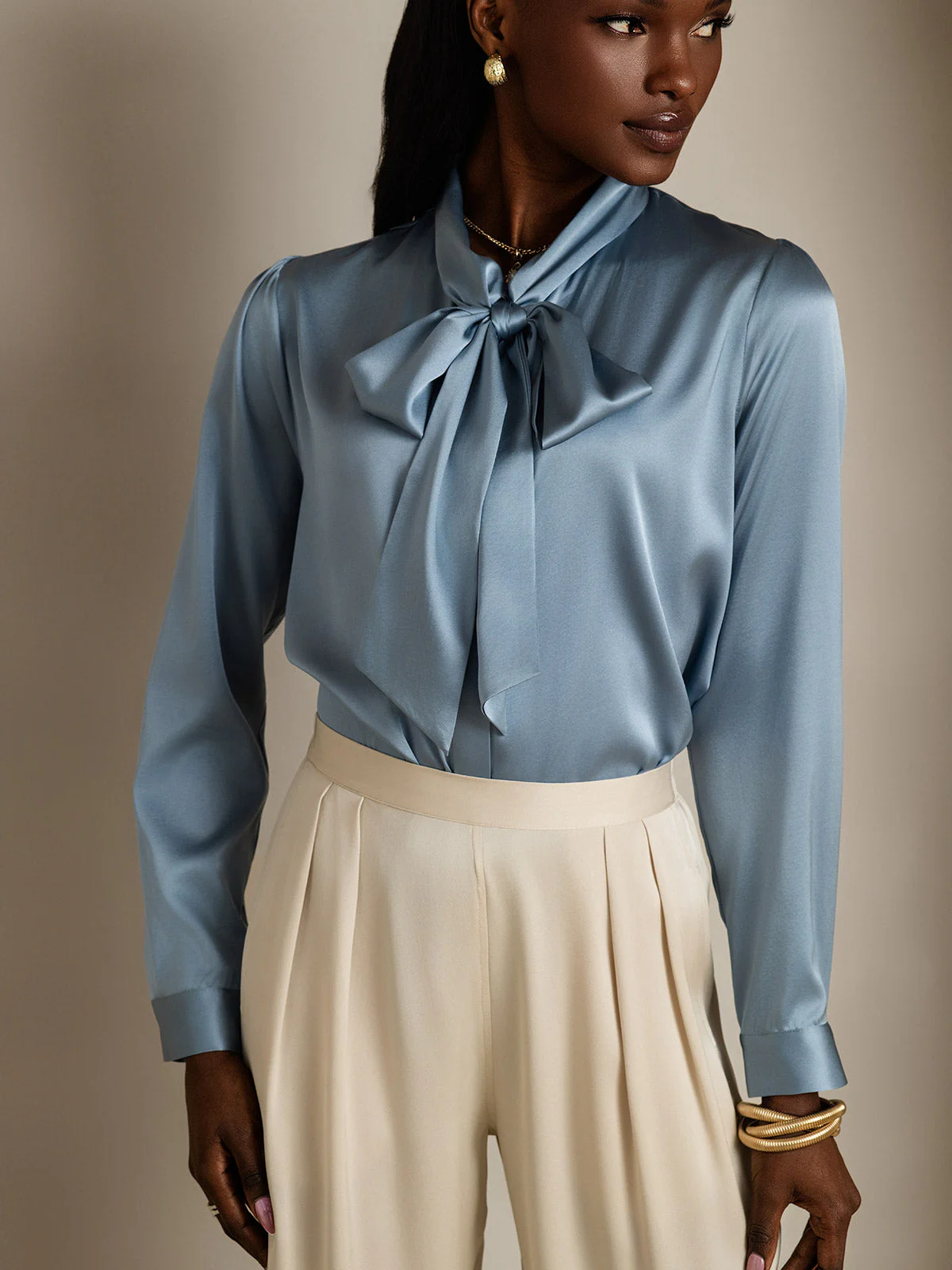 19Momme Silk Long Sleeve Tie Neck Blouse - Image 32