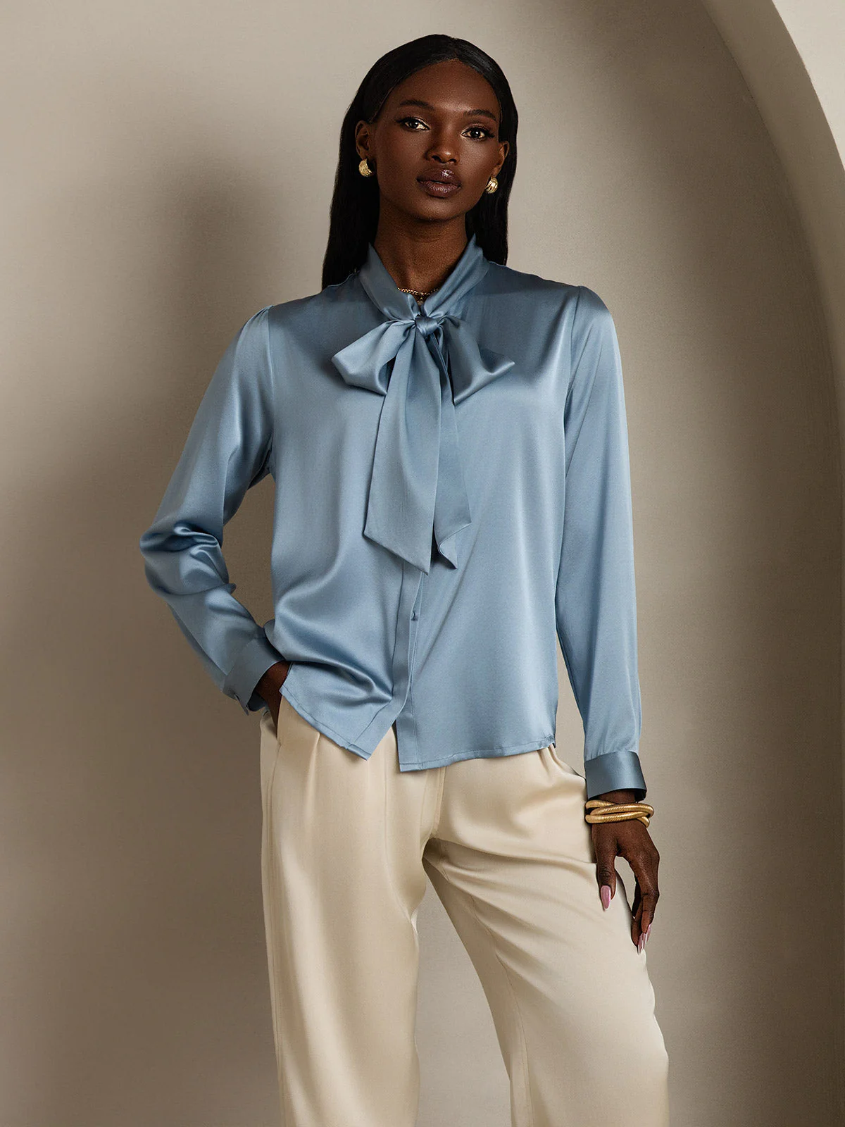 19Momme Silk Long Sleeve Tie Neck Blouse - Image 33
