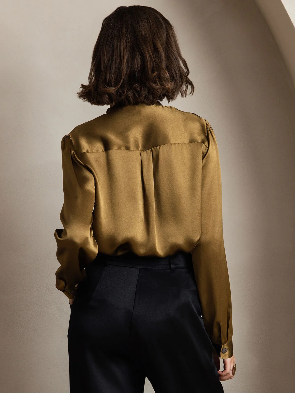 19Momme Silk Long Sleeve Tie Neck Blouse - Image 36