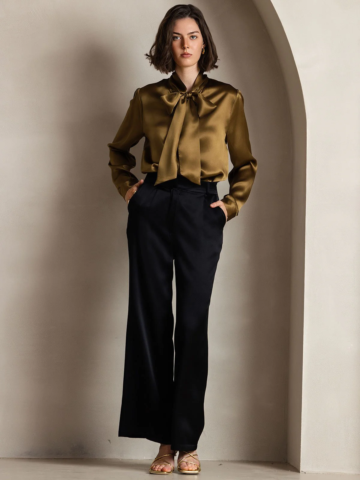 19Momme Silk Long Sleeve Tie Neck Blouse - Image 37