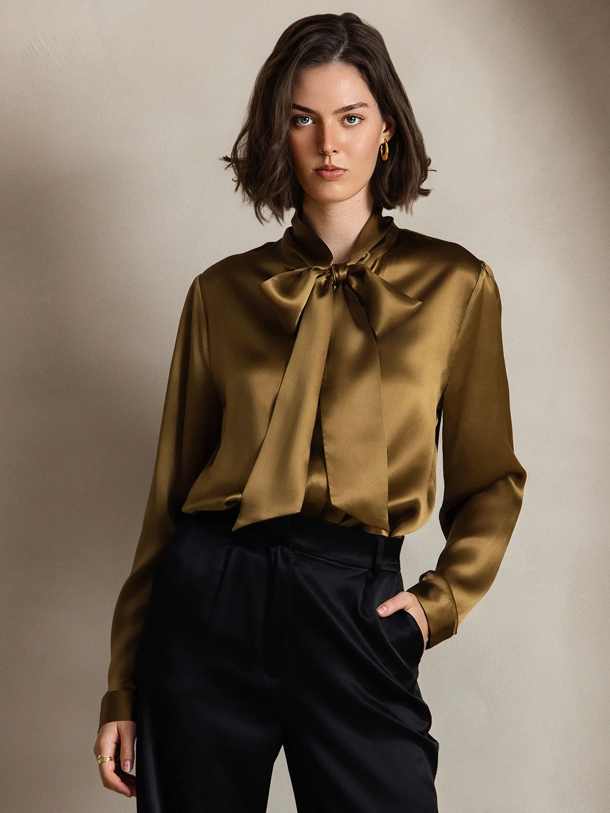 19Momme Silk Long Sleeve Tie Neck Blouse - Image 40