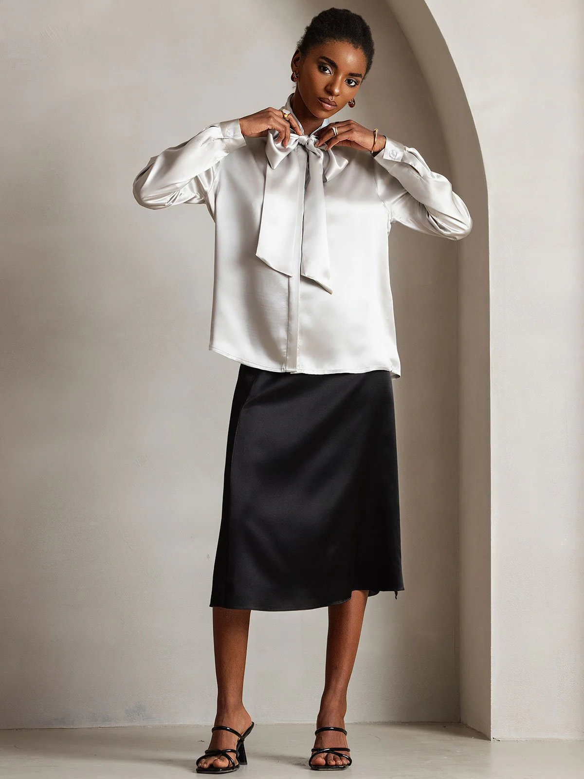 19Momme Silk Long Sleeve Tie Neck Blouse - Image 47