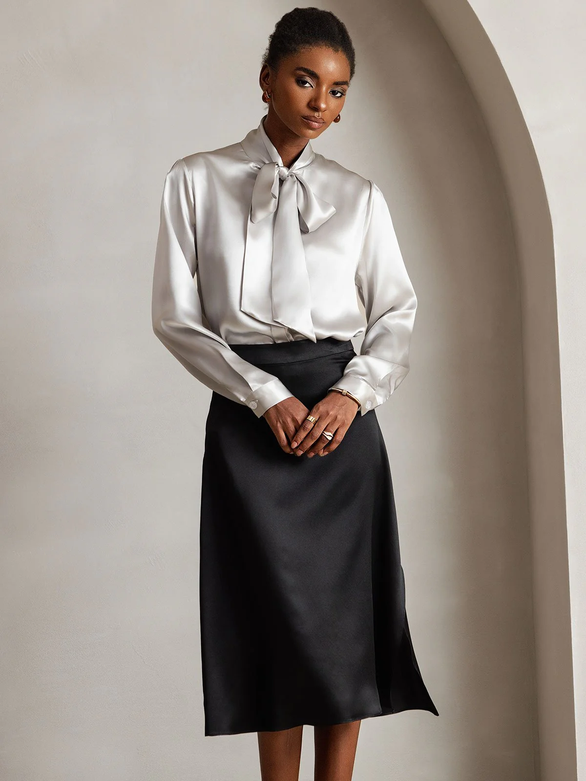 19Momme Silk Long Sleeve Tie Neck Blouse - Image 48