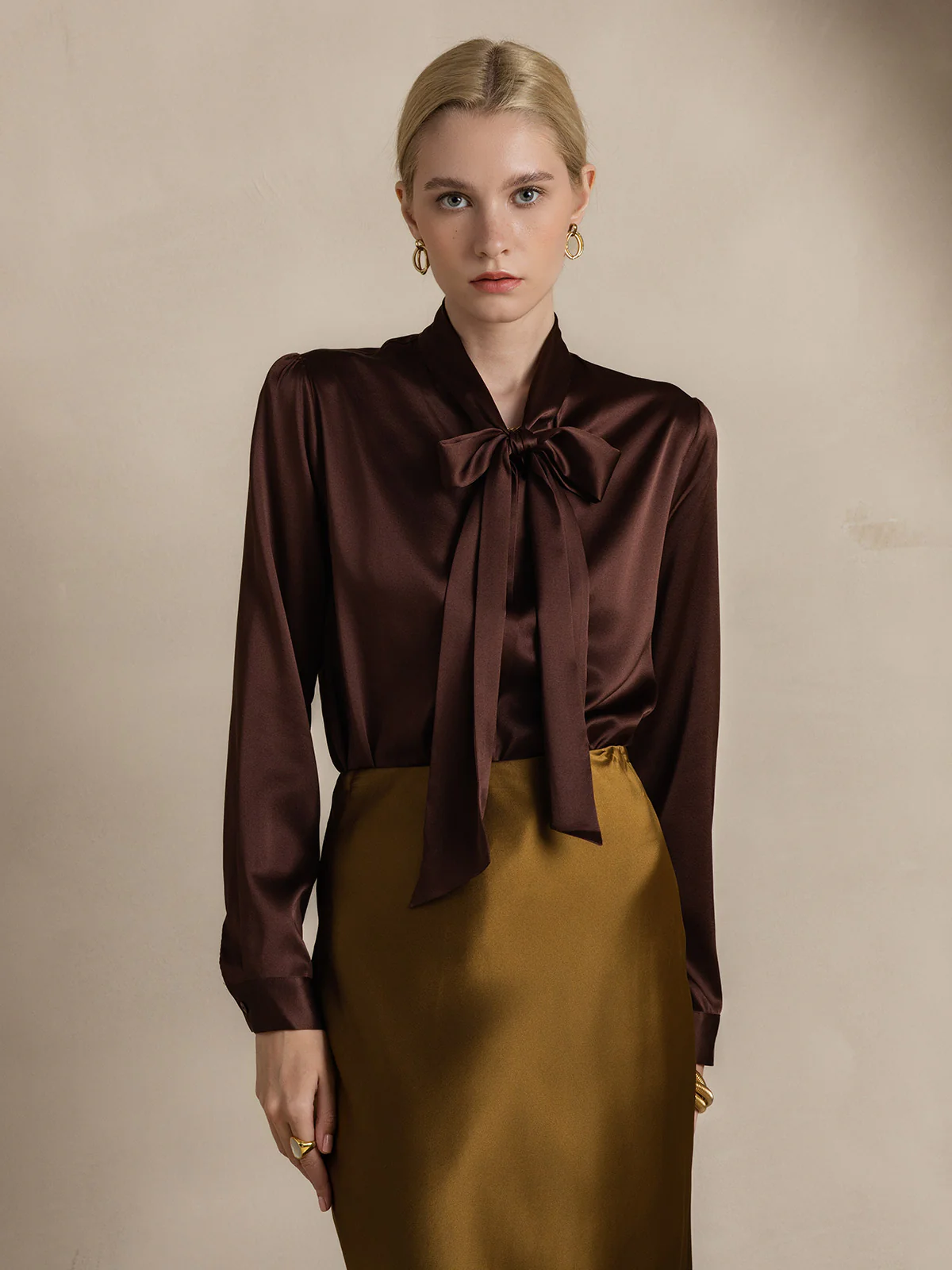 19Momme Silk Long Sleeve Tie Neck Blouse - Image 52