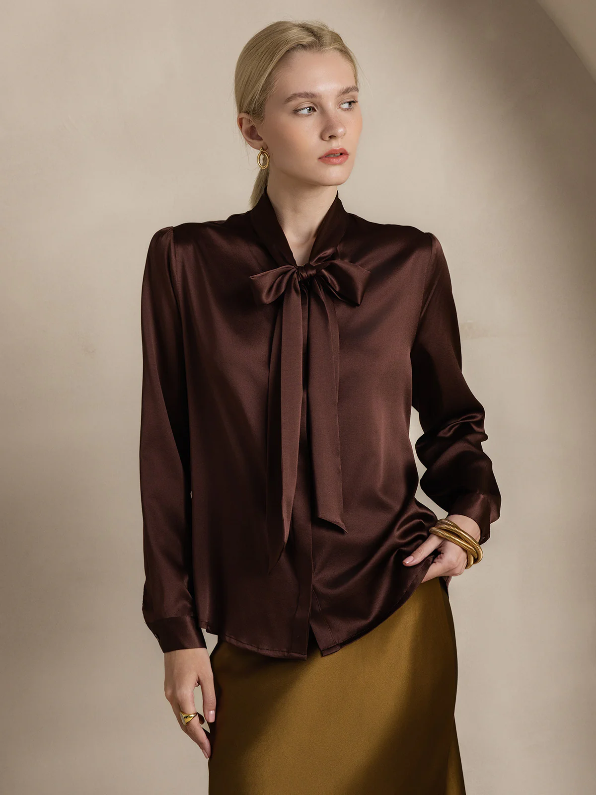 19Momme Silk Long Sleeve Tie Neck Blouse - Image 54