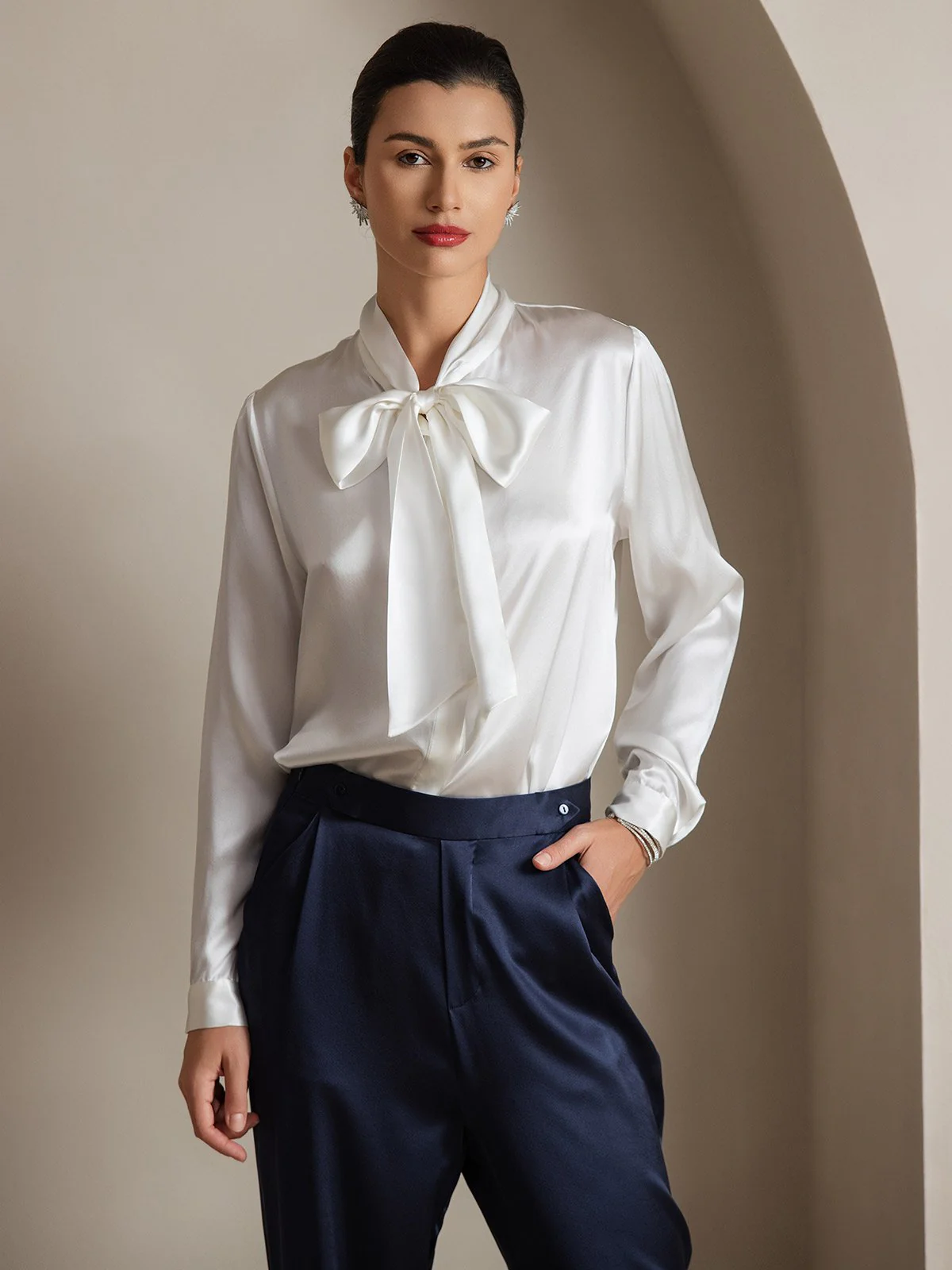 19Momme Silk Long Sleeve Tie Neck Blouse - Image 7