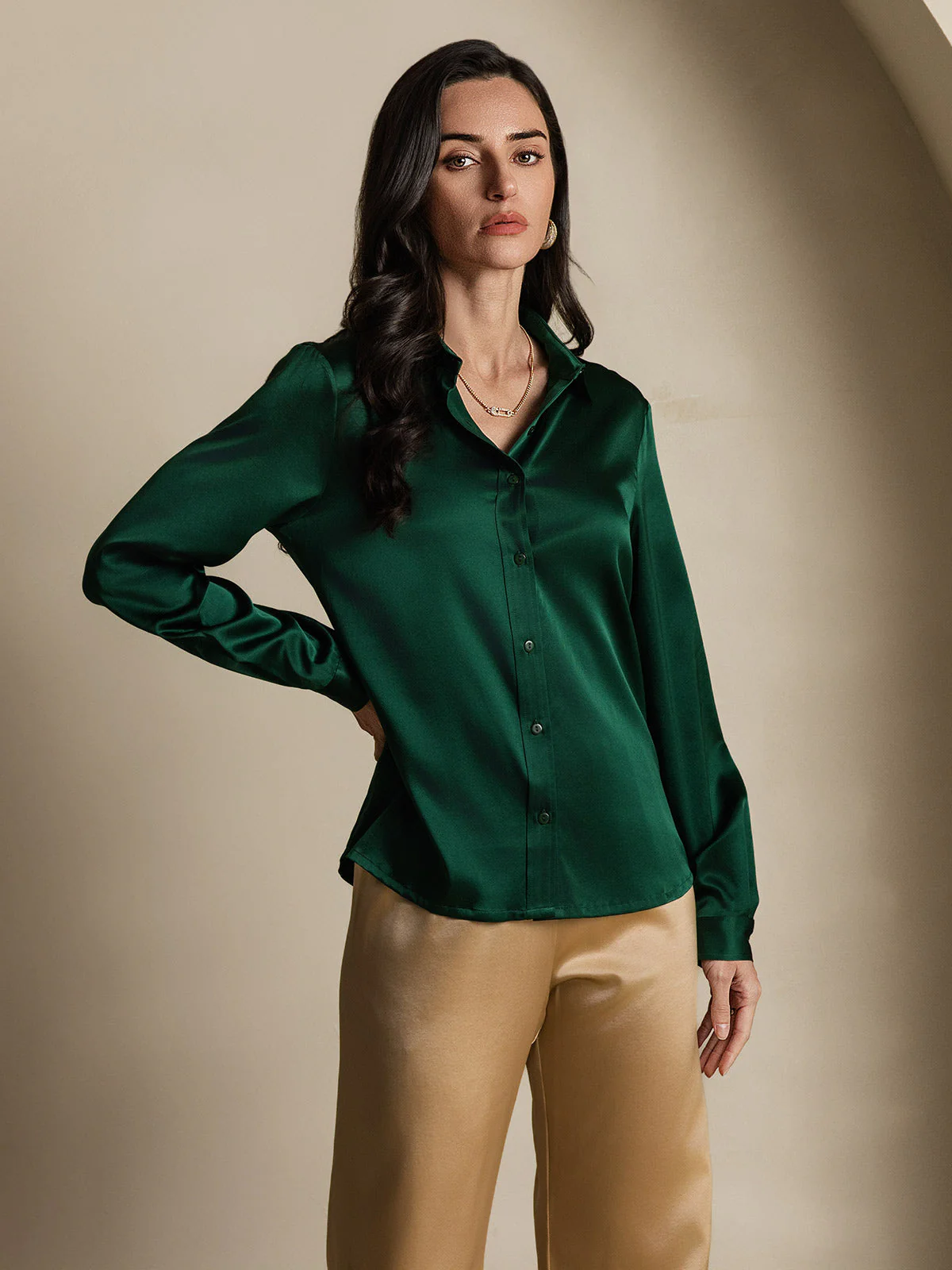19Momme Silk Long Sleeve Lapel Collar Women's Shirt - Image 10