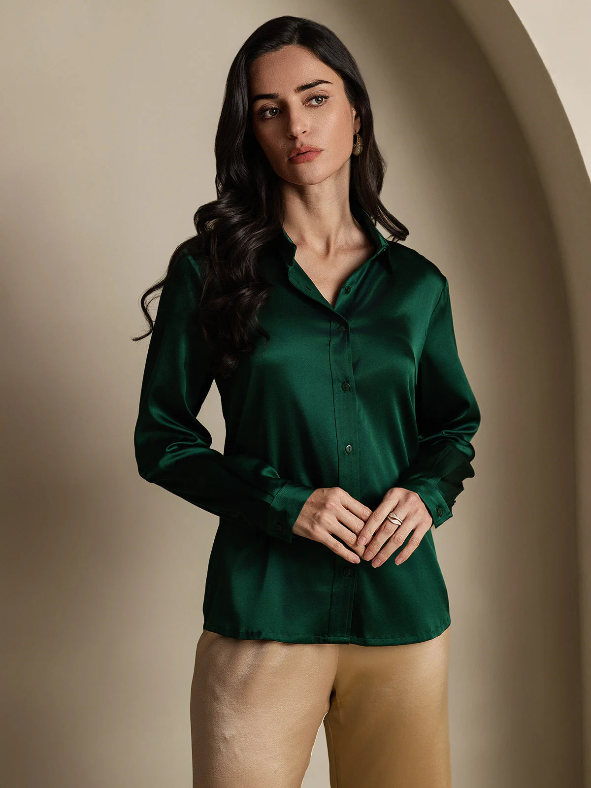 19Momme Silk Long Sleeve Lapel Collar Women's Shirt - Image 12