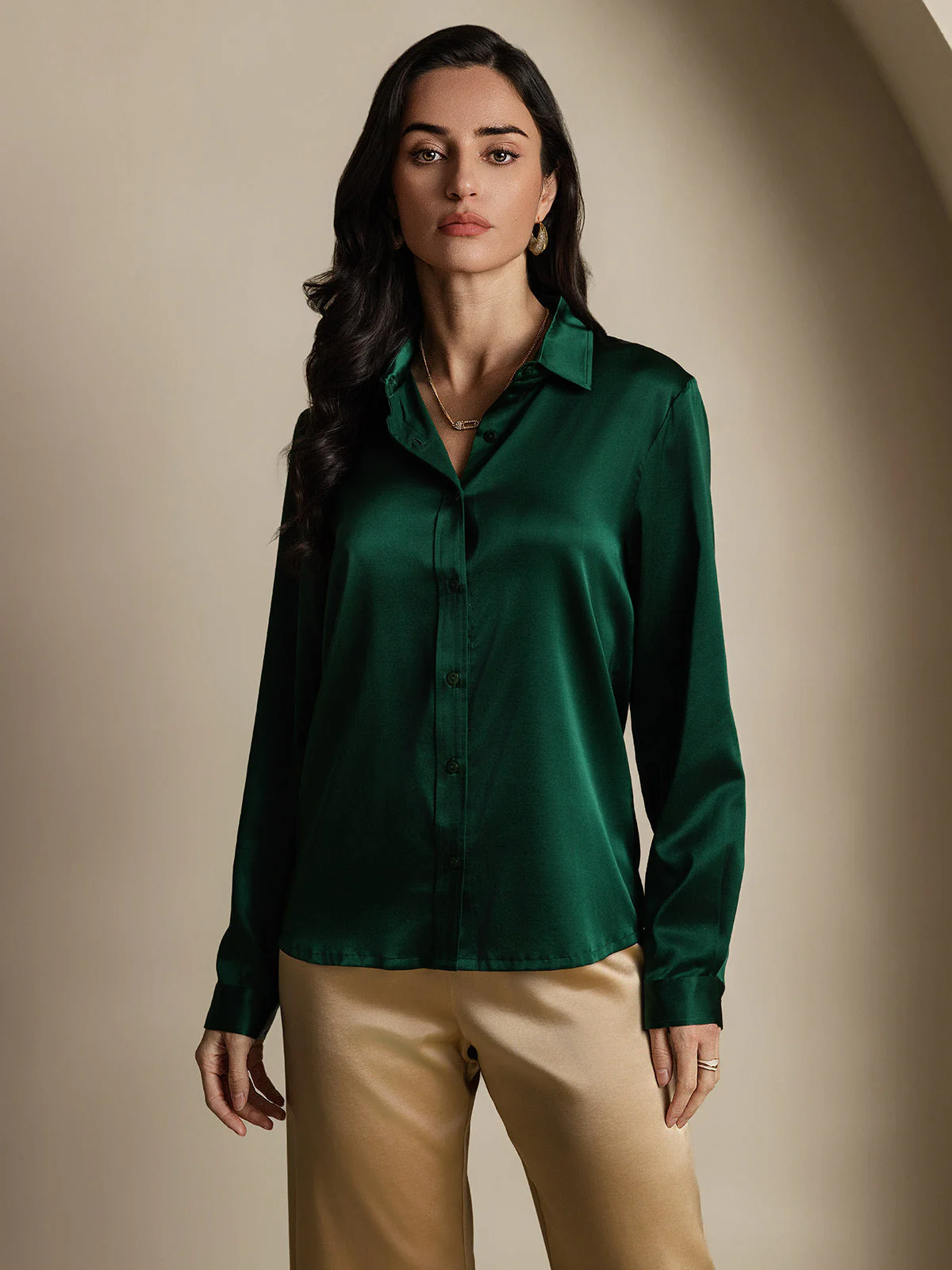 19Momme Silk Long Sleeve Lapel Collar Women's Shirt - Image 13