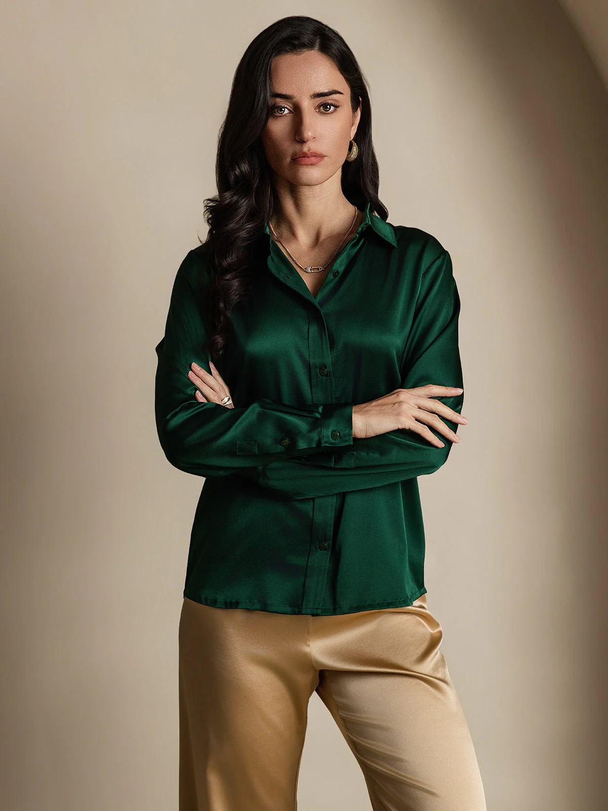 19Momme Silk Long Sleeve Lapel Collar Women's Shirt - Image 14