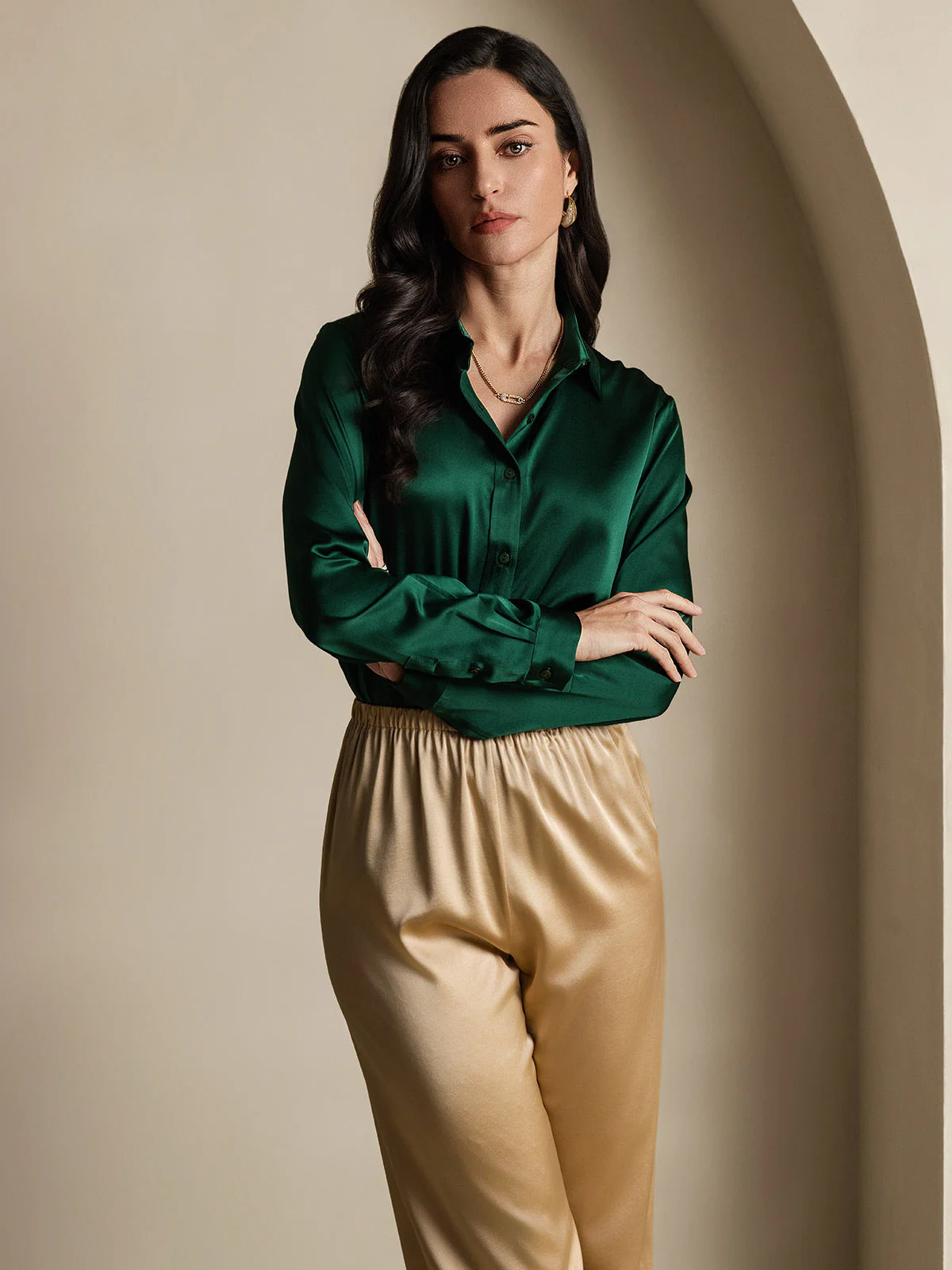 19Momme Silk Long Sleeve Lapel Collar Women's Shirt - Image 16