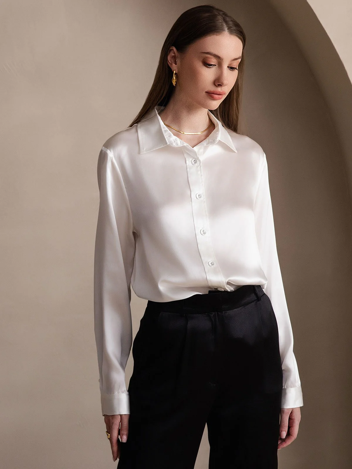 19Momme Silk Long Sleeve Lapel Collar Women's Shirt - Image 20