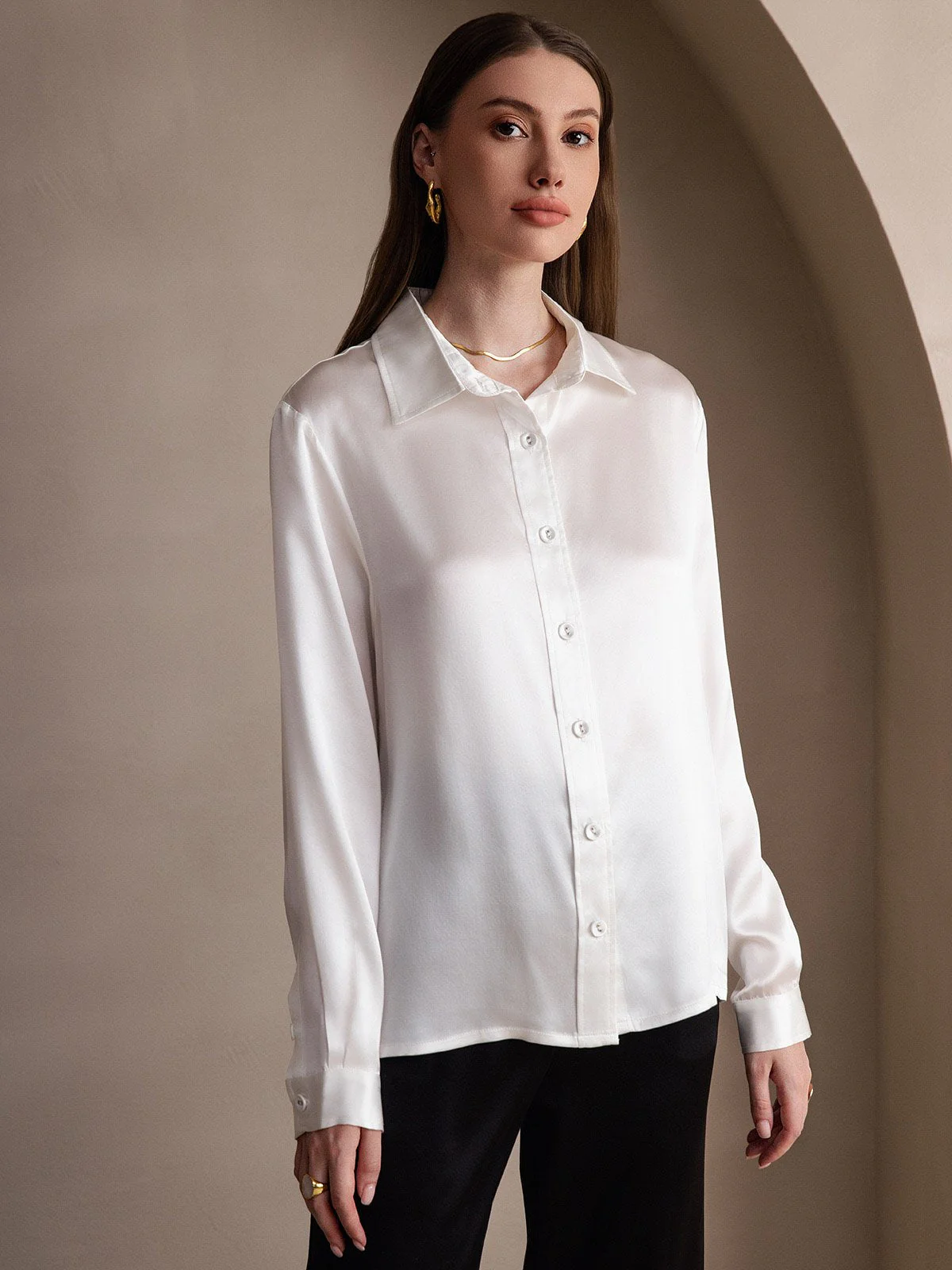 19Momme Silk Long Sleeve Lapel Collar Women's Shirt - Image 22