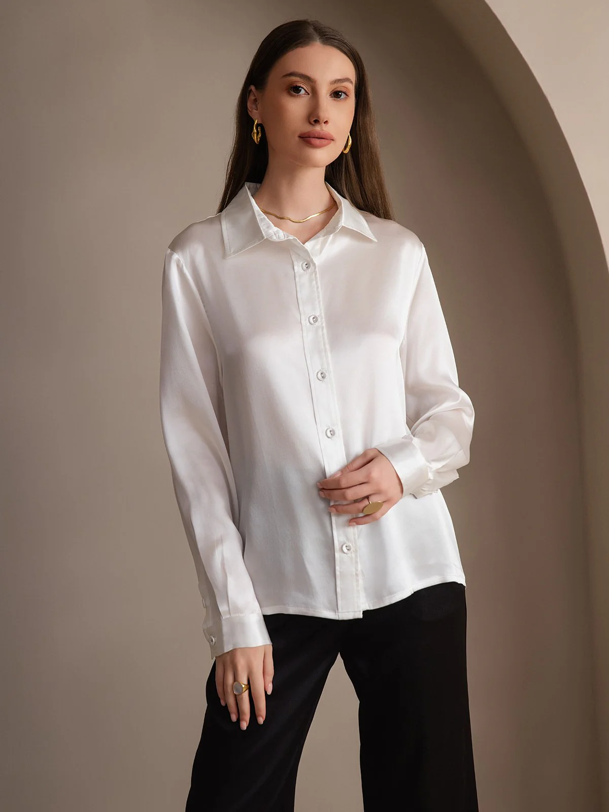 19Momme Silk Long Sleeve Lapel Collar Women's Shirt - Image 23