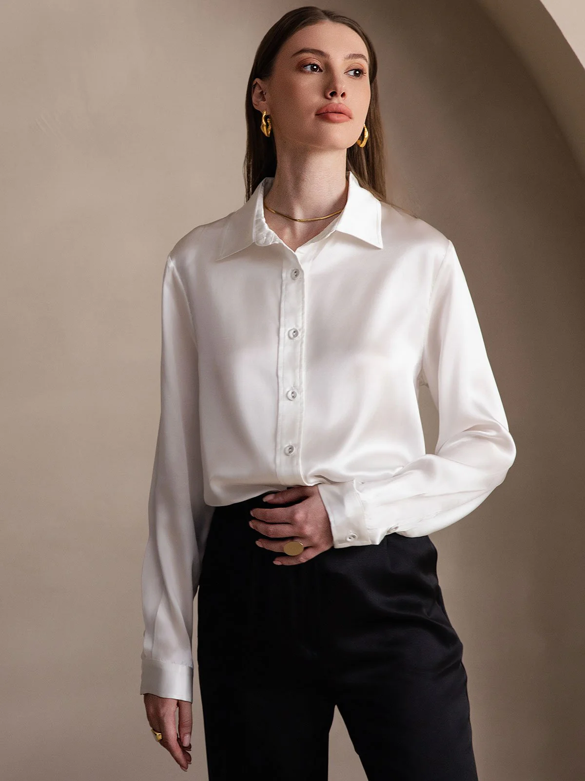 19Momme Silk Long Sleeve Lapel Collar Women's Shirt - Image 24