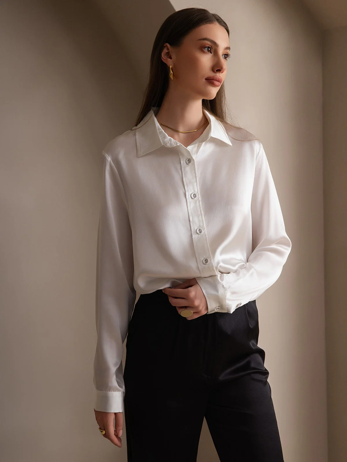 19Momme Silk Long Sleeve Lapel Collar Women's Shirt - Image 25
