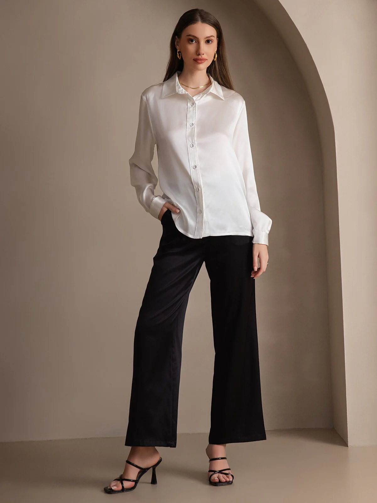 19Momme Silk Long Sleeve Lapel Collar Women's Shirt - Image 26