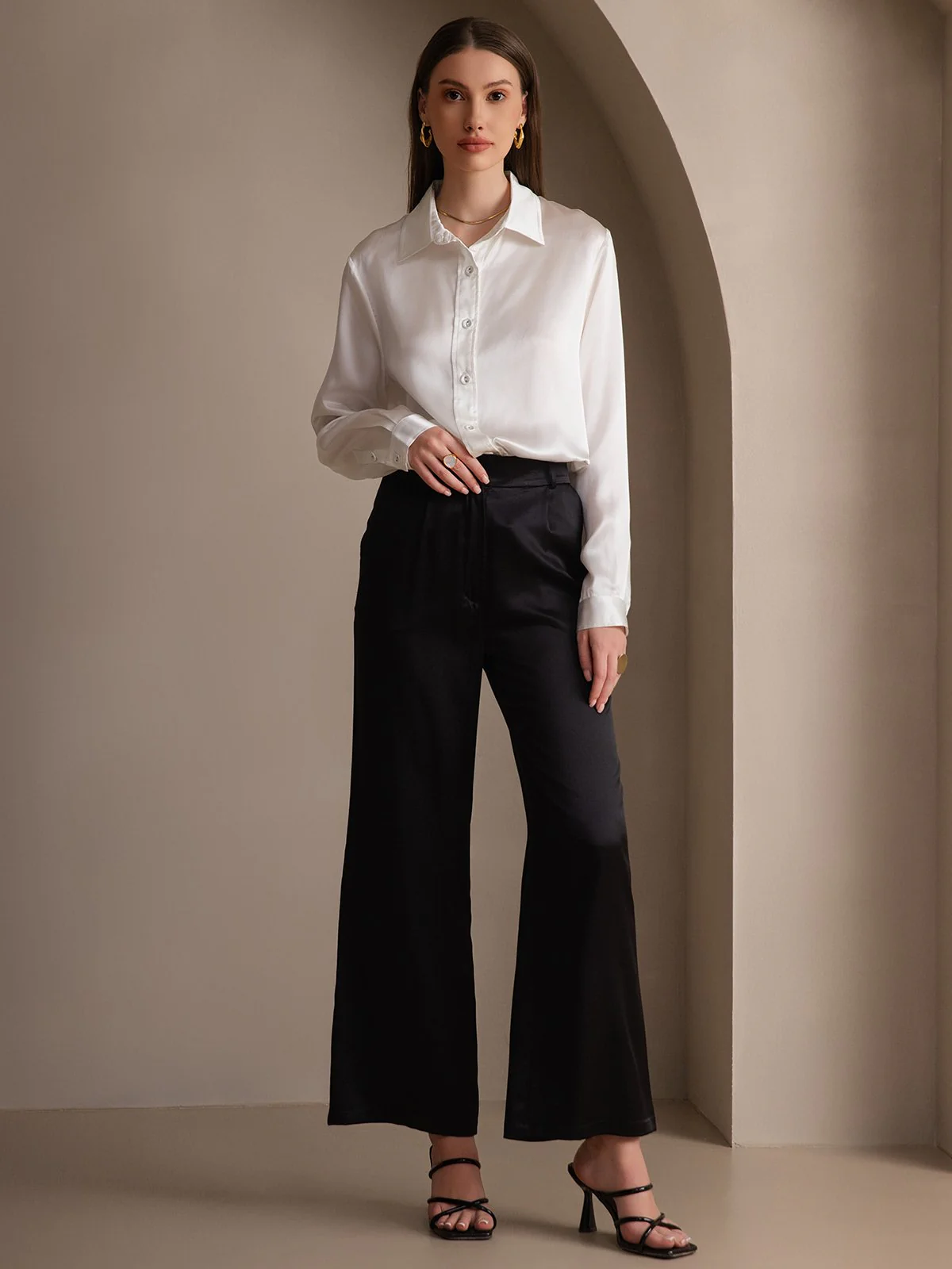 19Momme Silk Long Sleeve Lapel Collar Women's Shirt - Image 27
