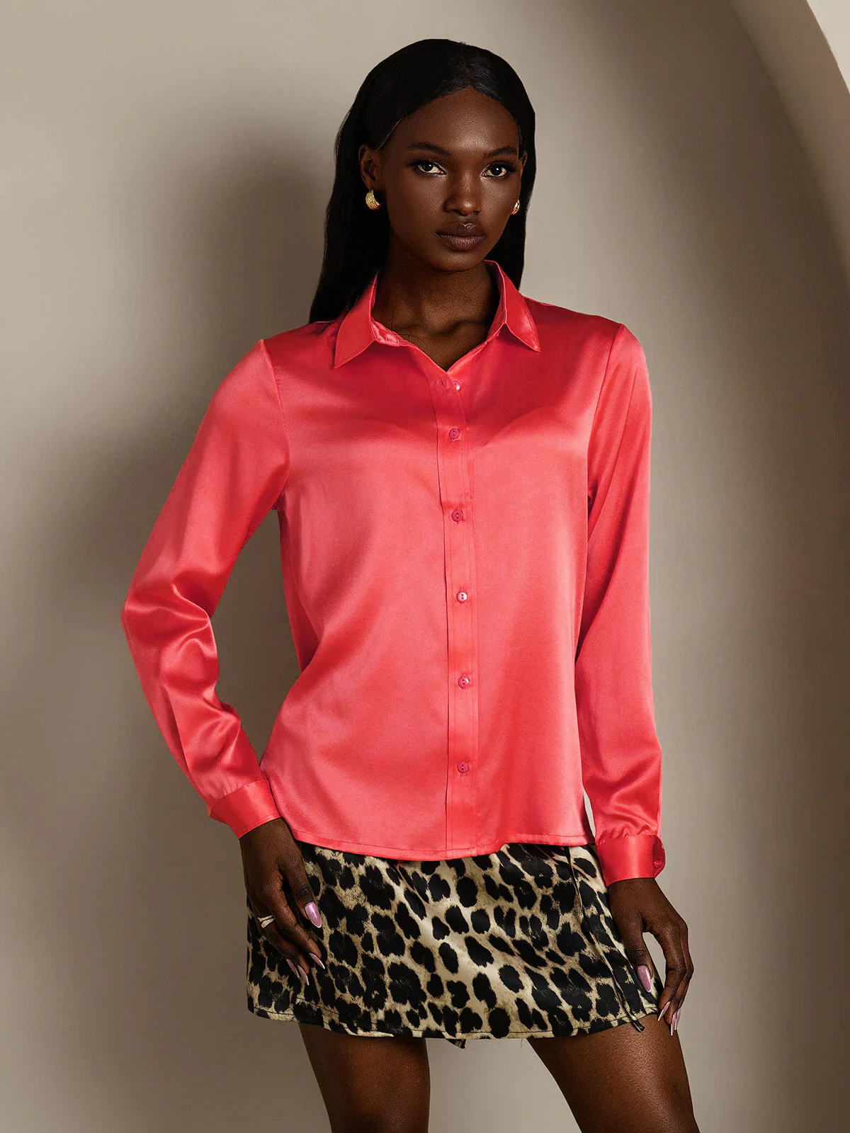 19Momme Silk Long Sleeve Lapel Collar Women's Shirt - Image 28