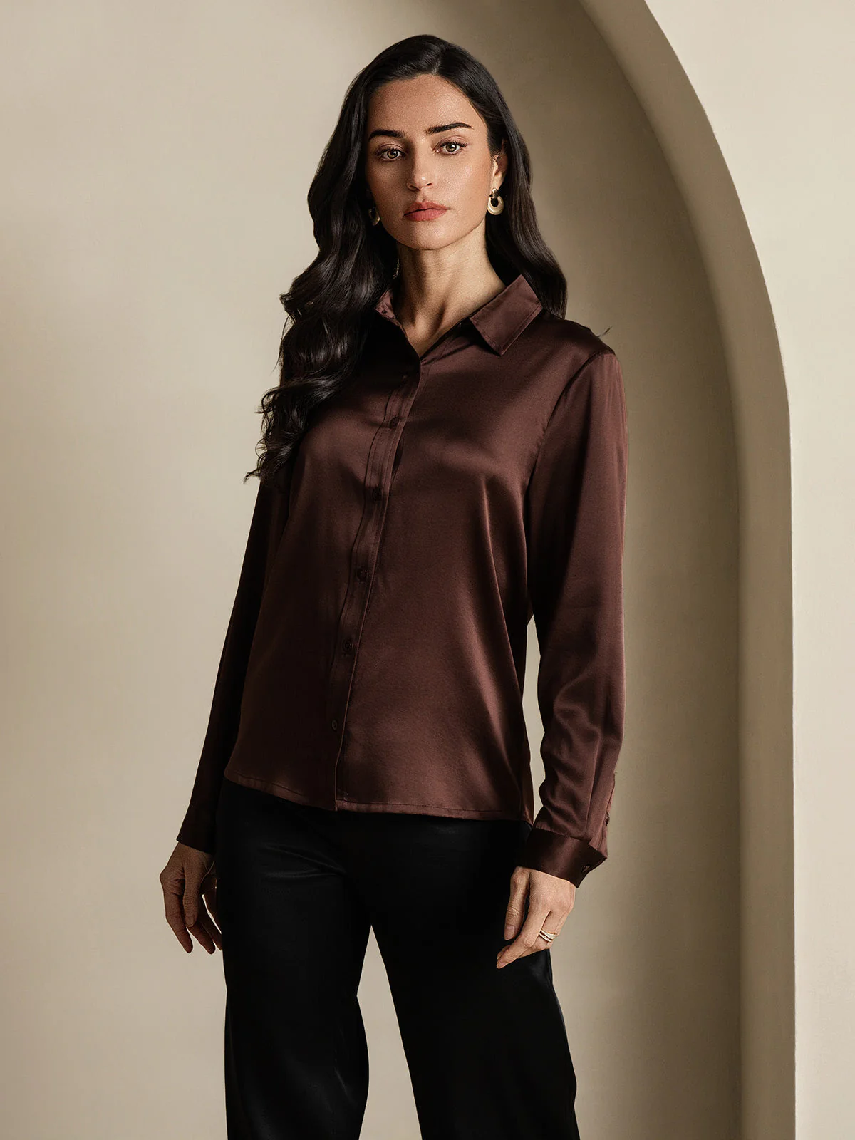 19Momme Silk Long Sleeve Lapel Collar Women's Shirt - Image 39
