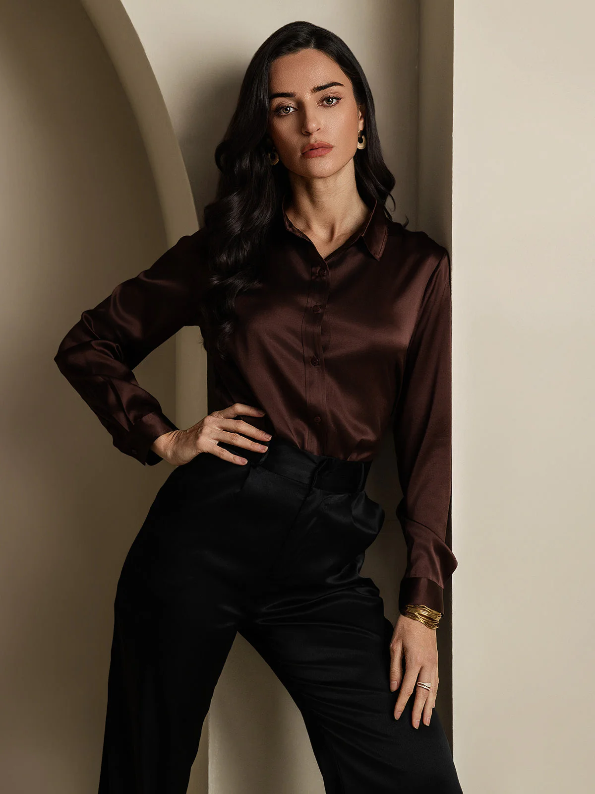 19Momme Silk Long Sleeve Lapel Collar Women's Shirt - Image 41