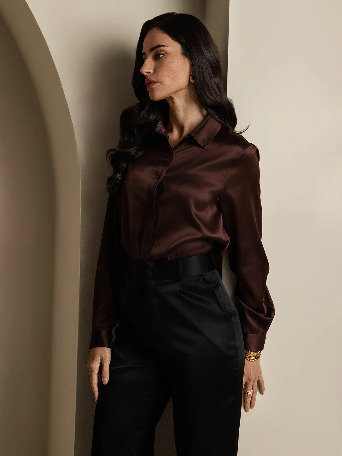 19Momme Silk Long Sleeve Lapel Collar Women's Shirt - Image 42