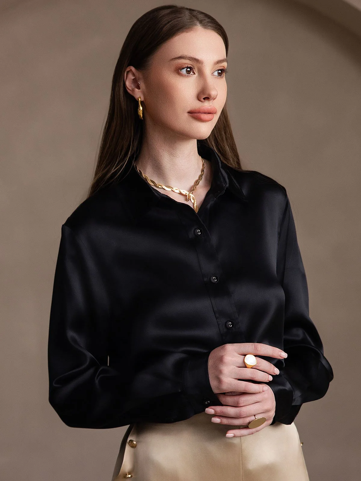19Momme Silk Long Sleeve Lapel Collar Women's Shirt - Image 49