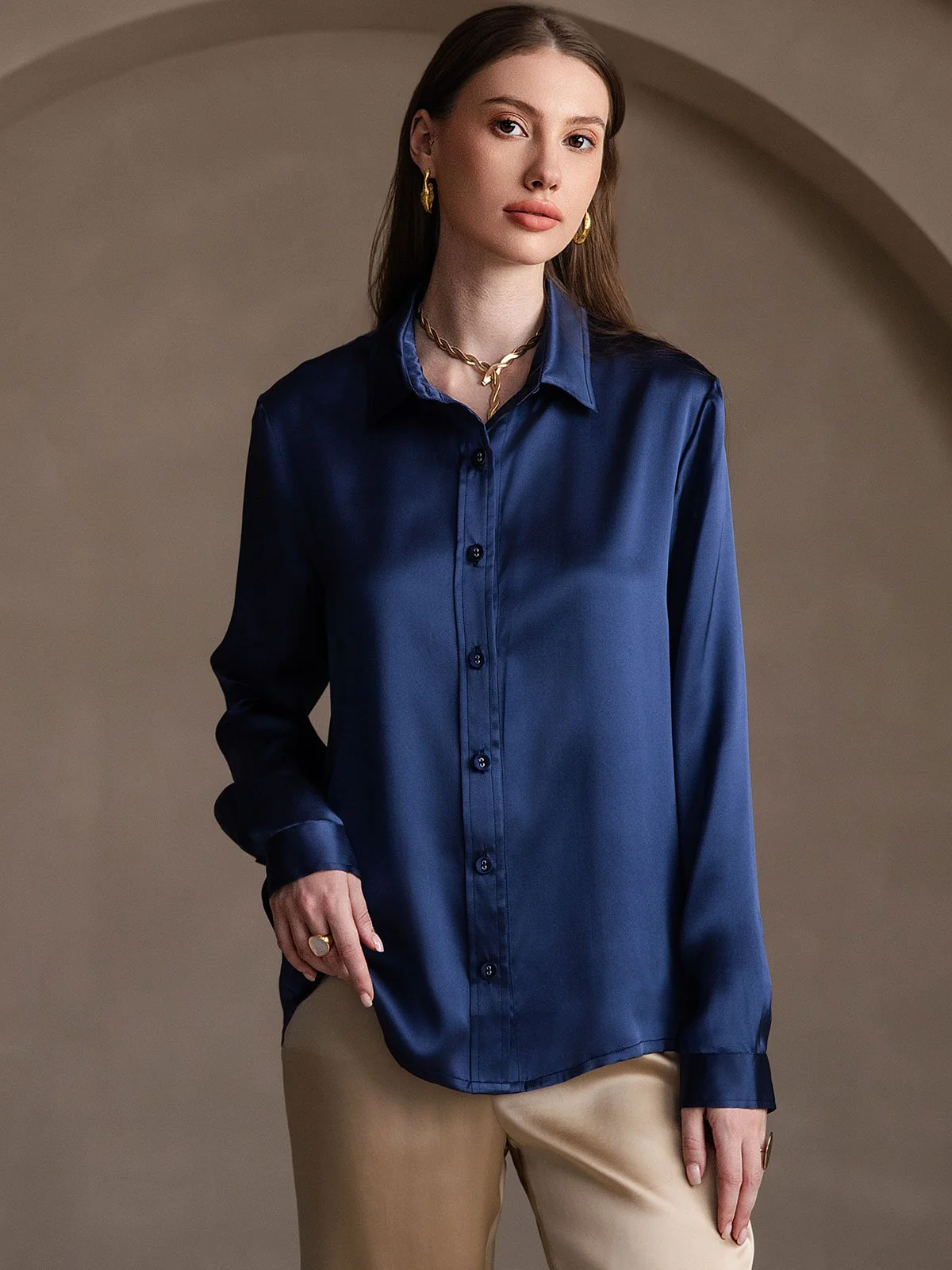 19Momme Silk Long Sleeve Lapel Collar Women's Shirt - Image 56
