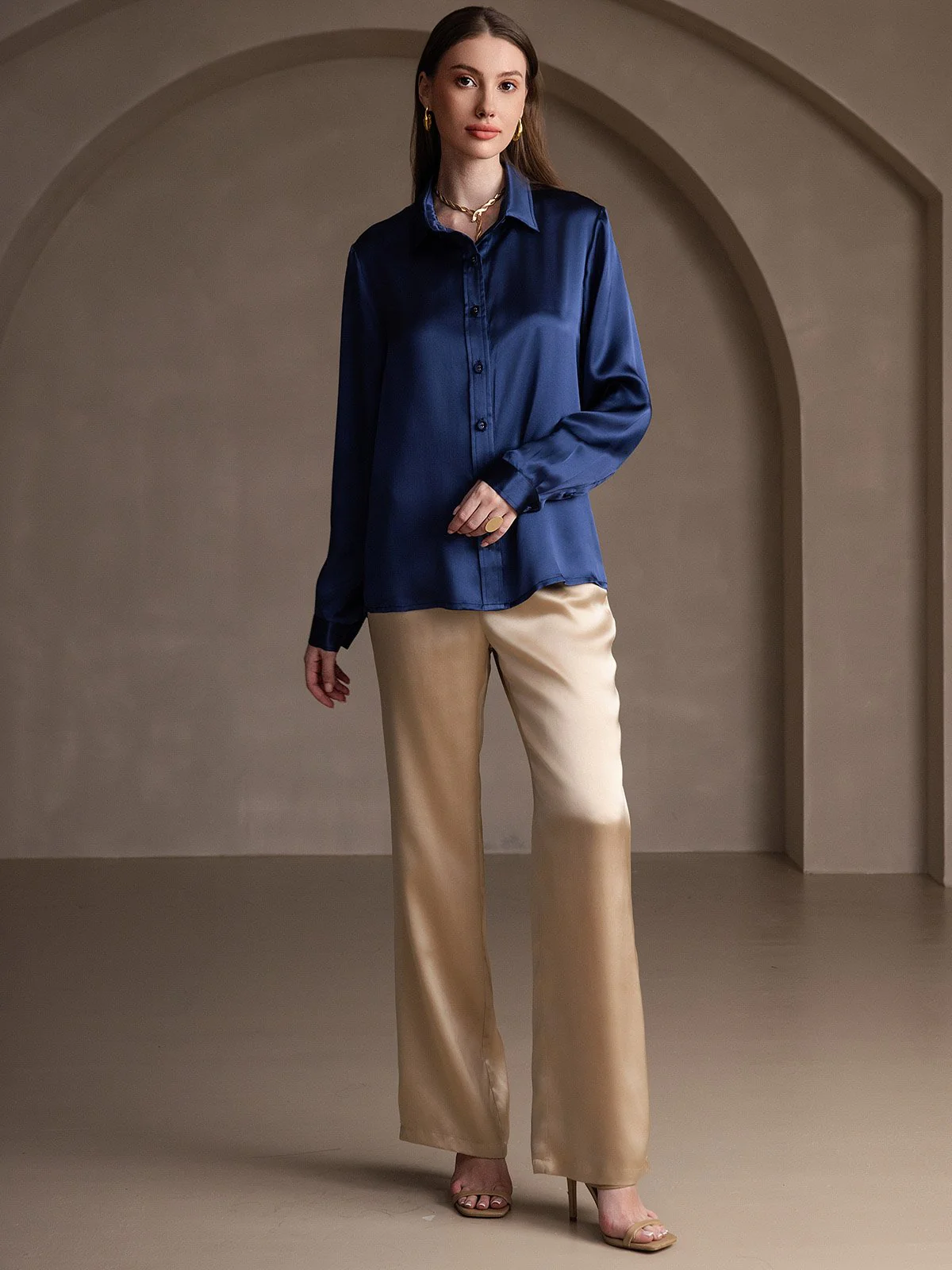 19Momme Silk Long Sleeve Lapel Collar Women's Shirt - Image 59