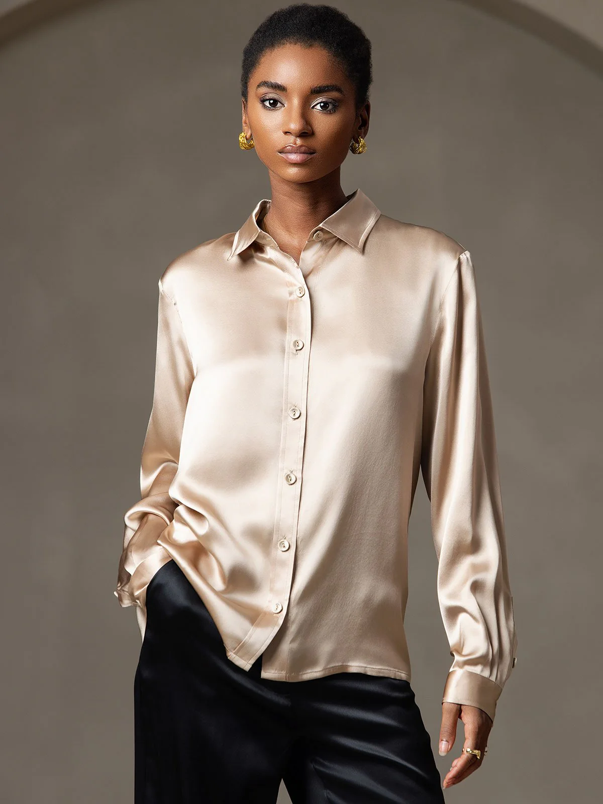 19Momme Silk Long Sleeve Lapel Collar Women's Shirt - Image 7
